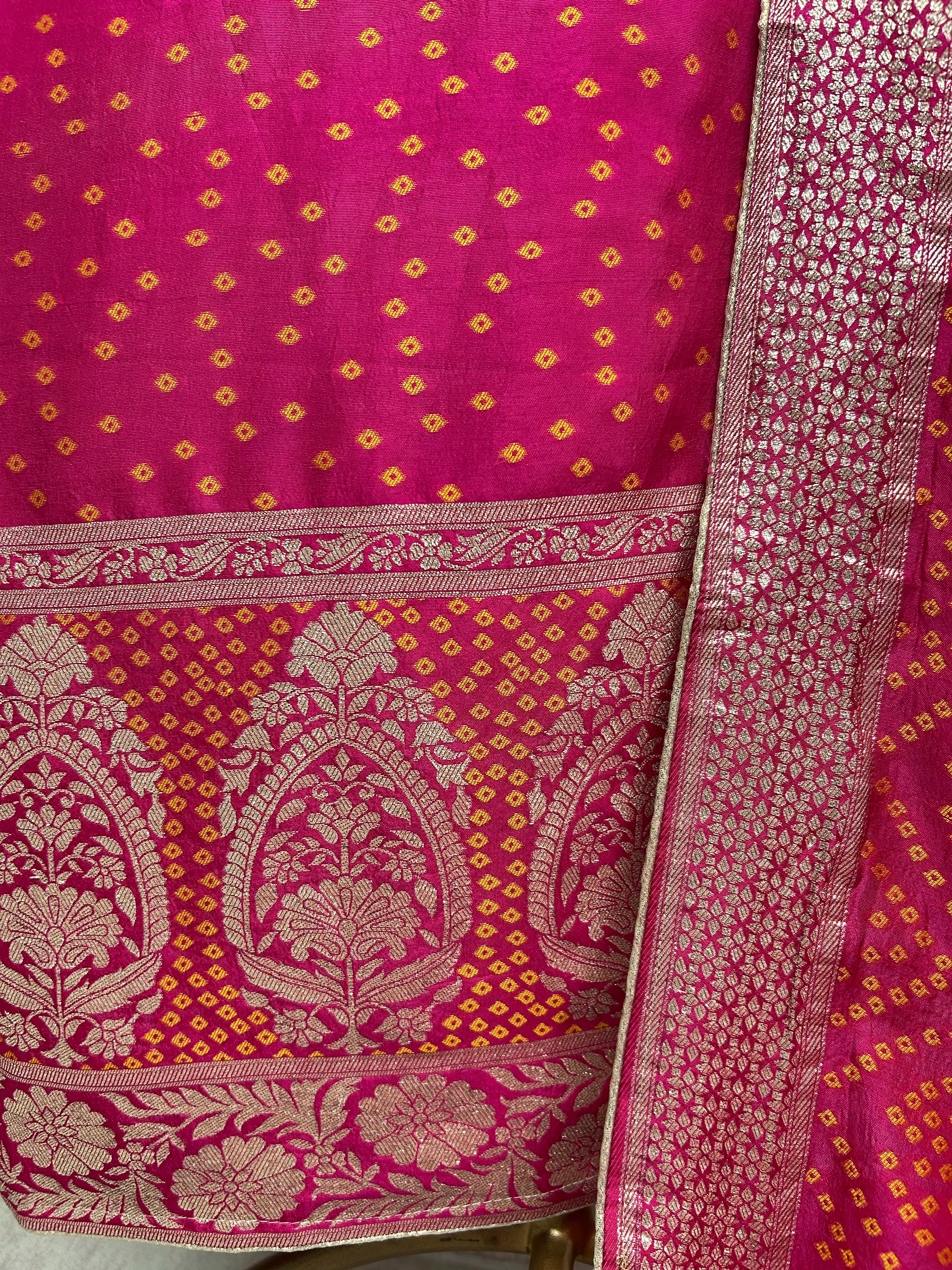 Bandhani Concept On Dola Silk Unstitched Suit Set