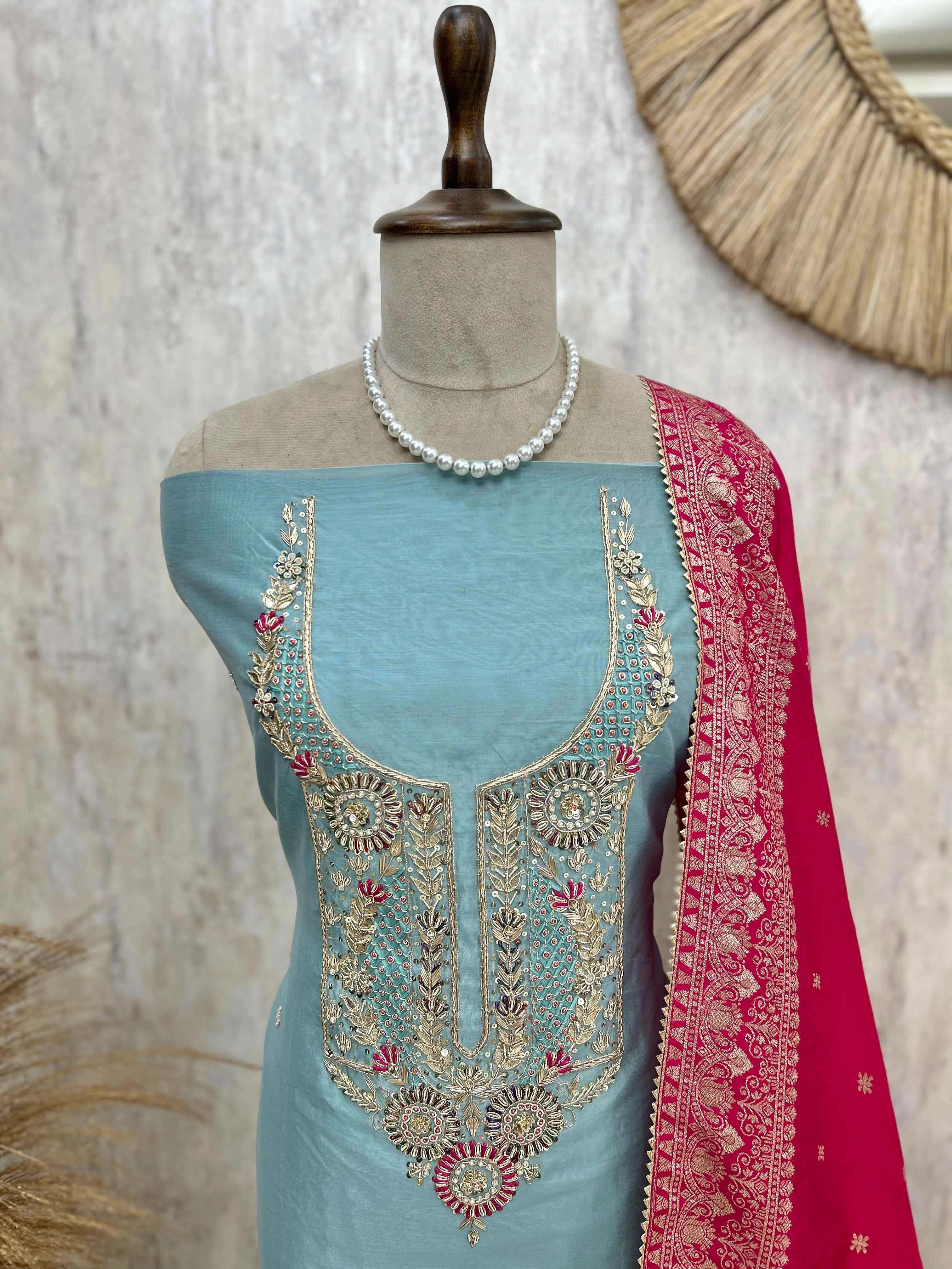 Maheshwari Unstitched Suit Set With Hand Work