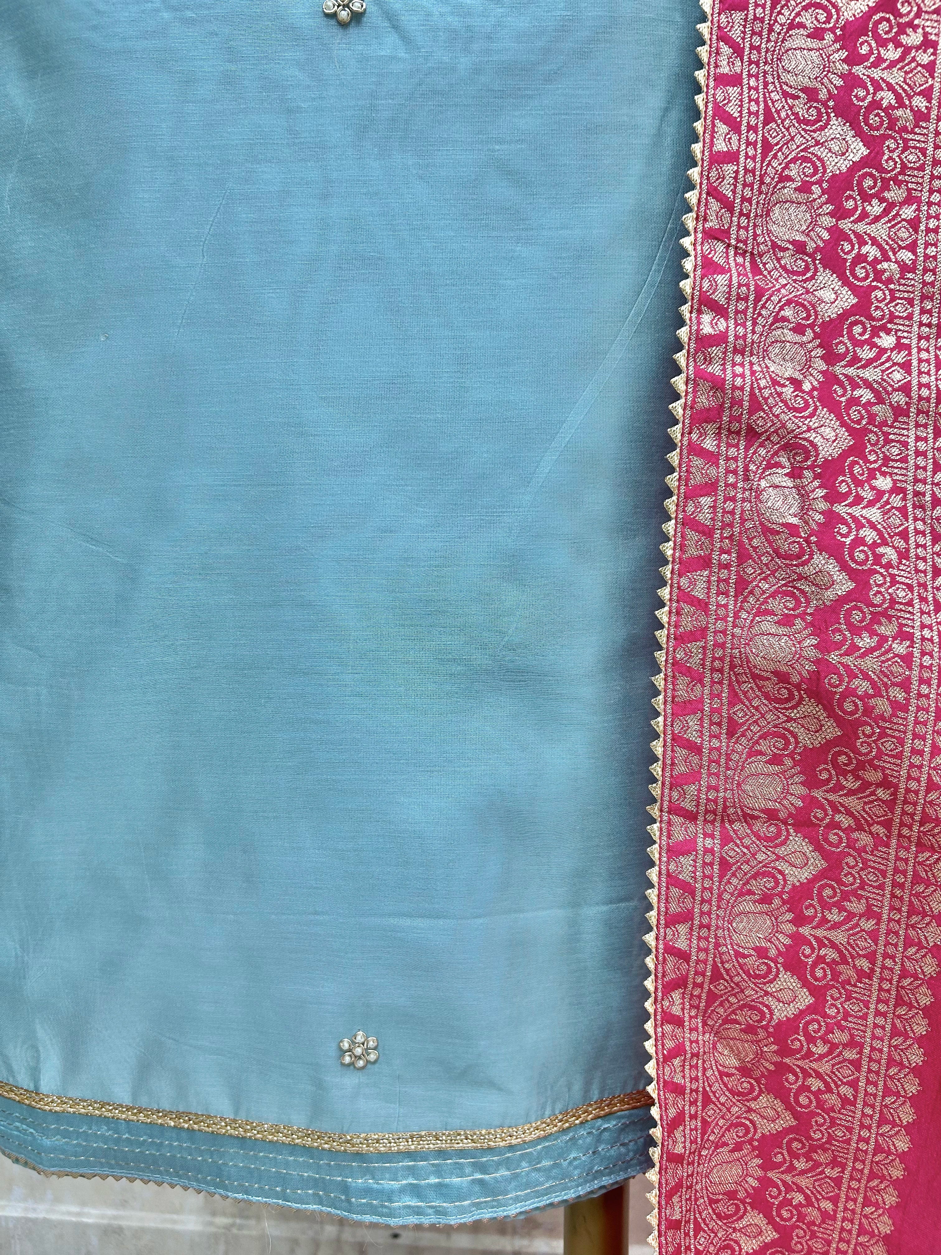 Maheshwari Unstitched Suit Set With Hand Work