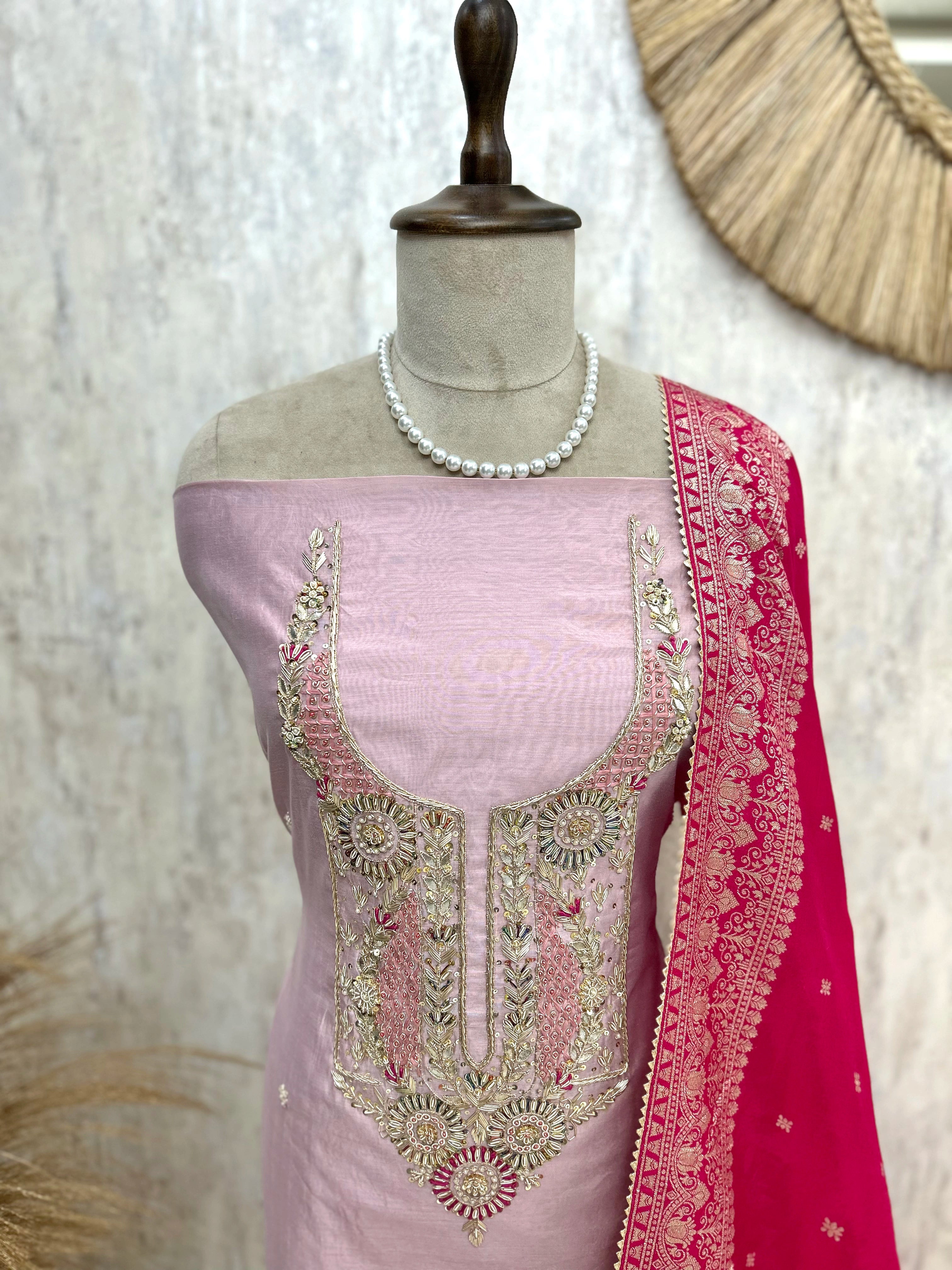 Maheshwari Unstitched Suit Set With Hand Work