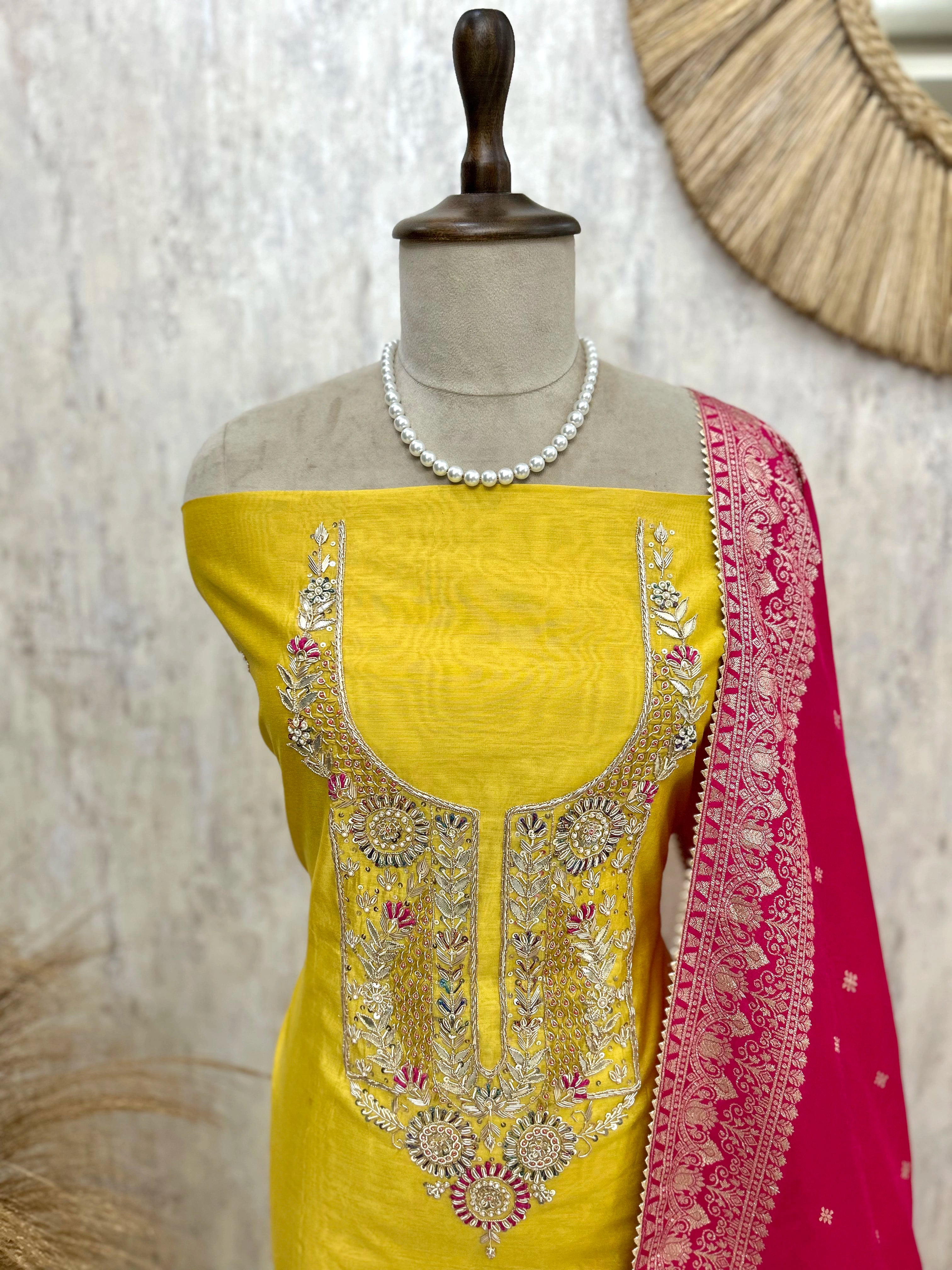 Maheshwari Unstitched Suit Set With Hand Work