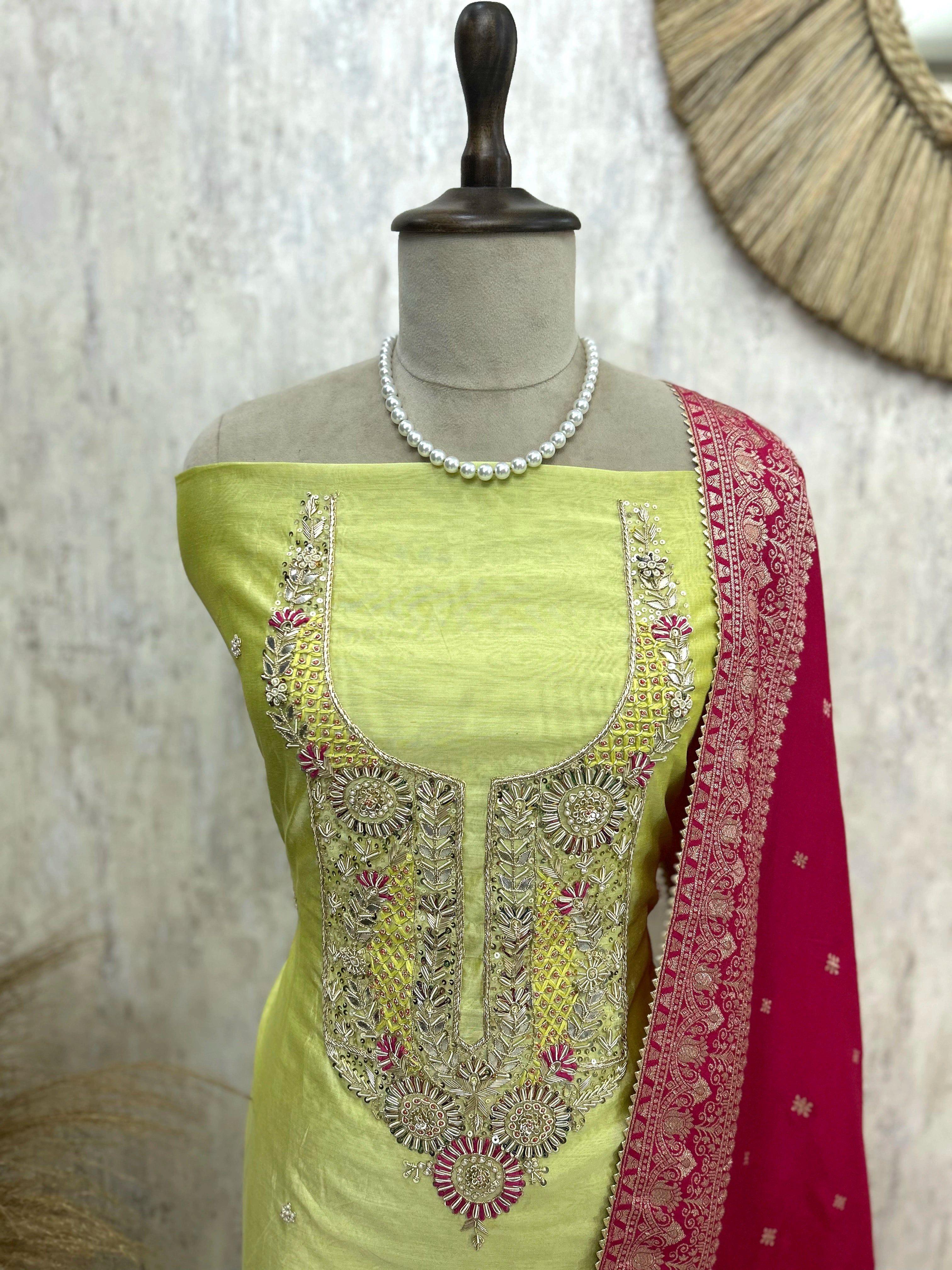 Maheshwari Unstitched Suit Set With Hand Work