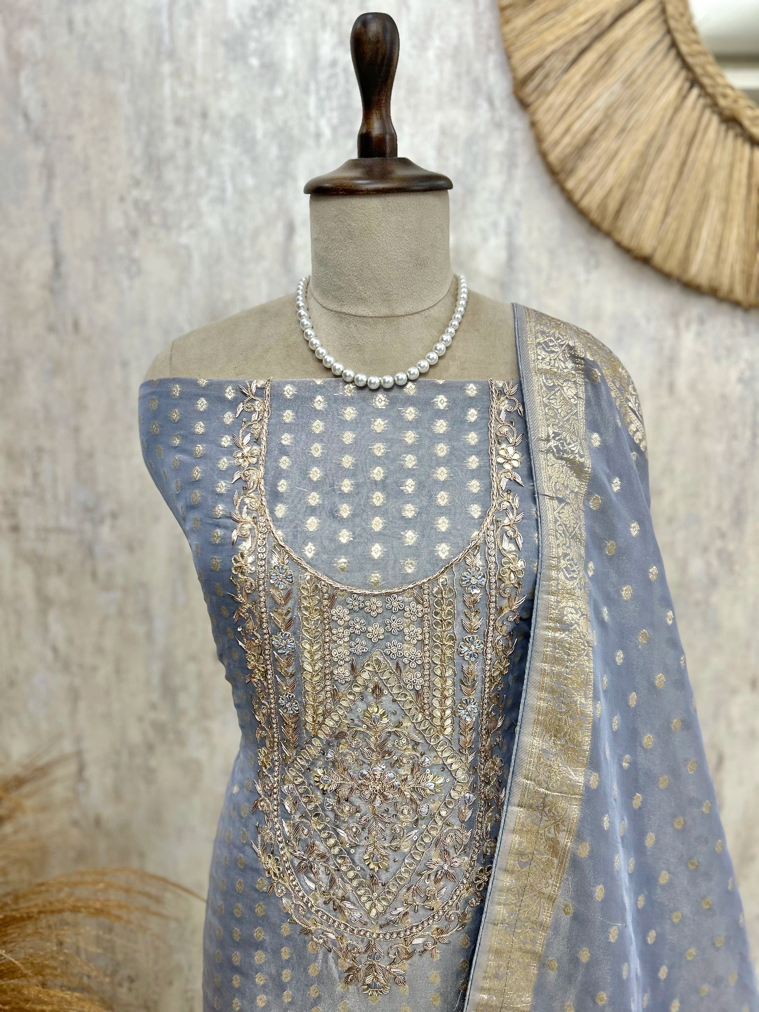 Zardozi Work On Tissue Unstitched Suit Set