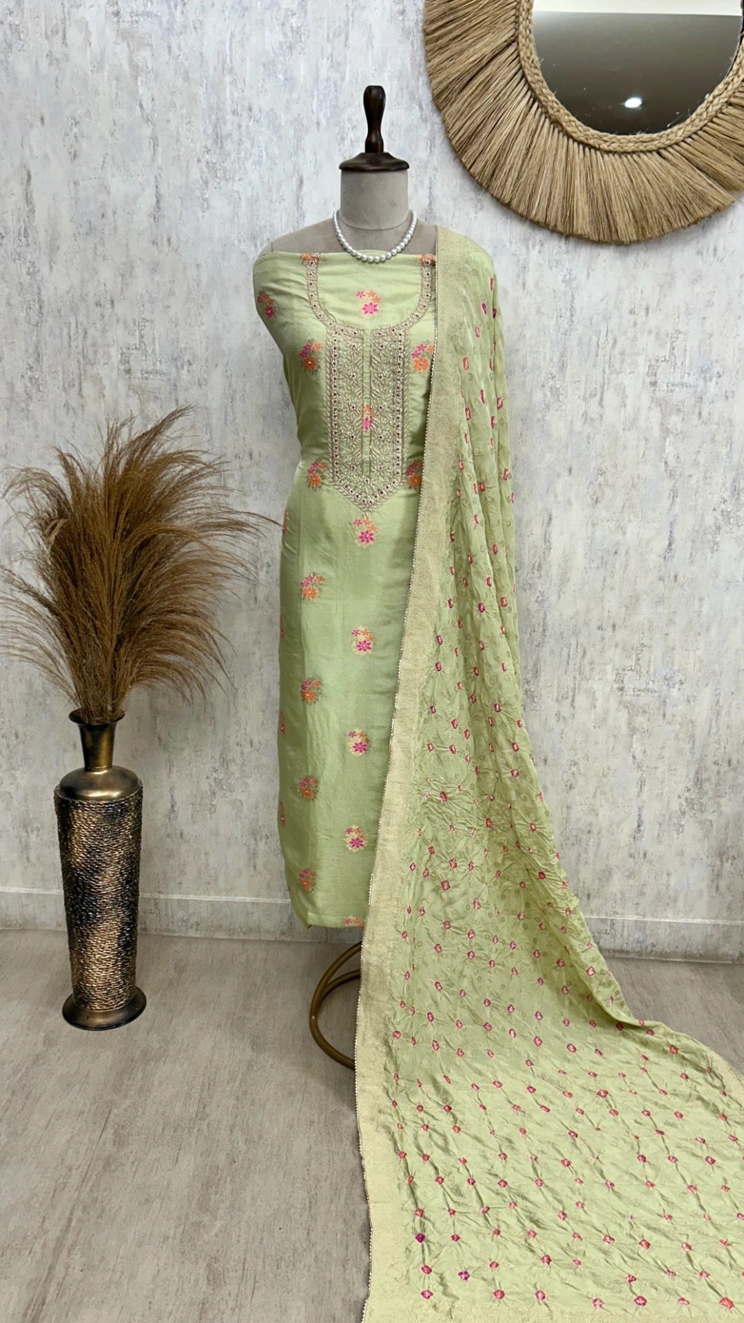 Dola Silk Unstitched Suit Set With Bandani Dupatta