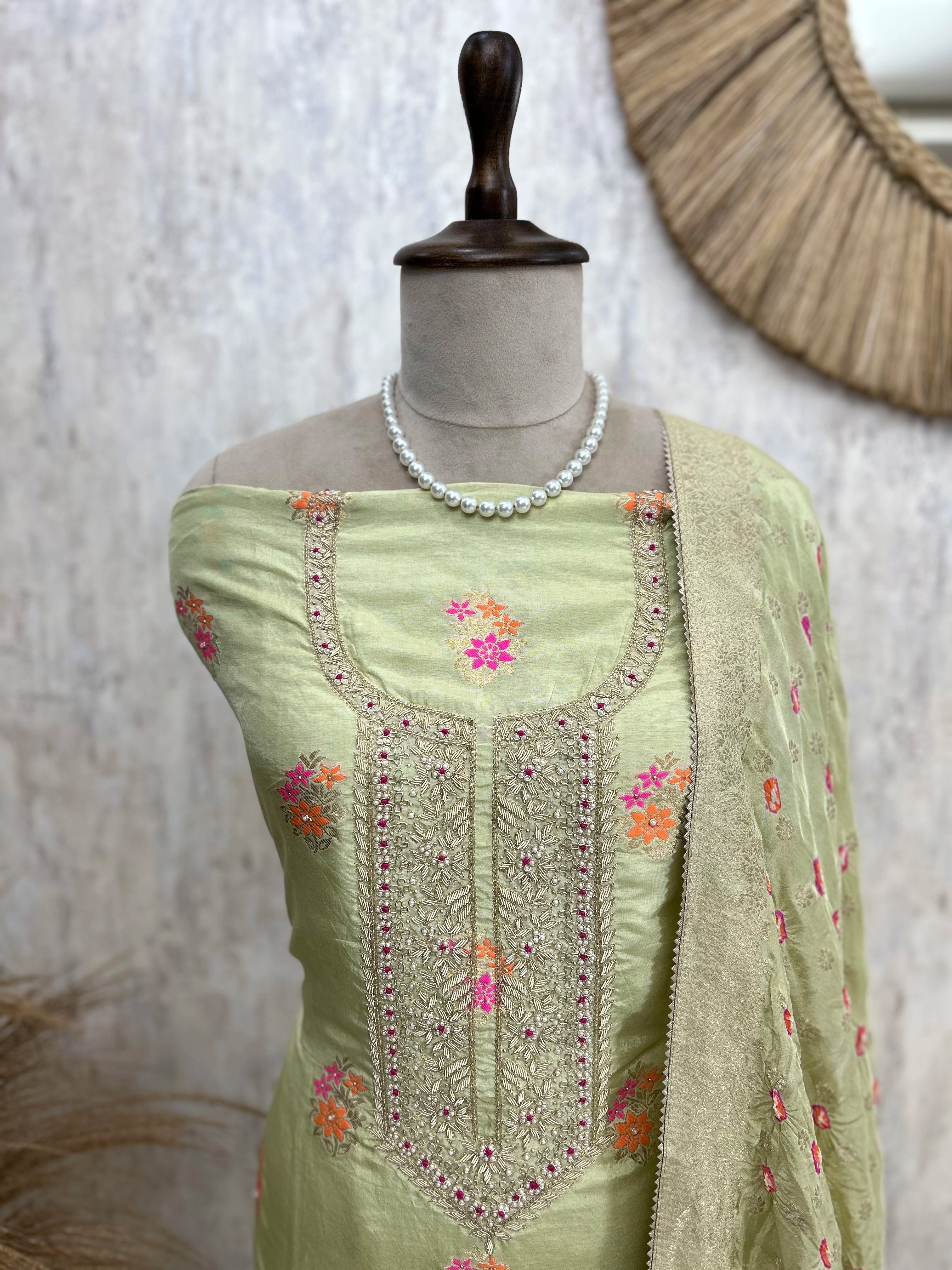 Dola Silk Unstitched Suit Set With Bandani Dupatta