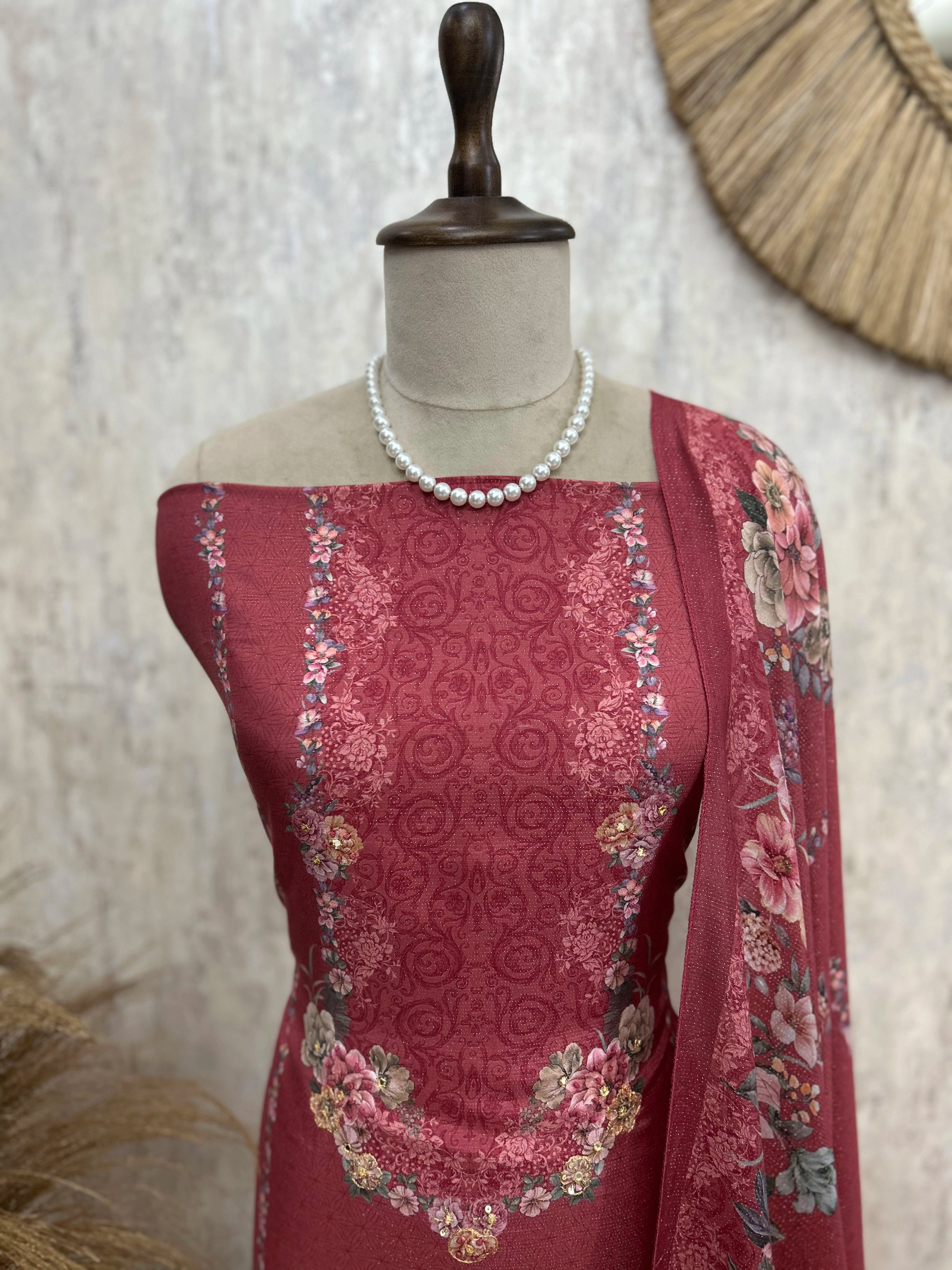 Muslin Unstitched Suit Set With Floral Motif