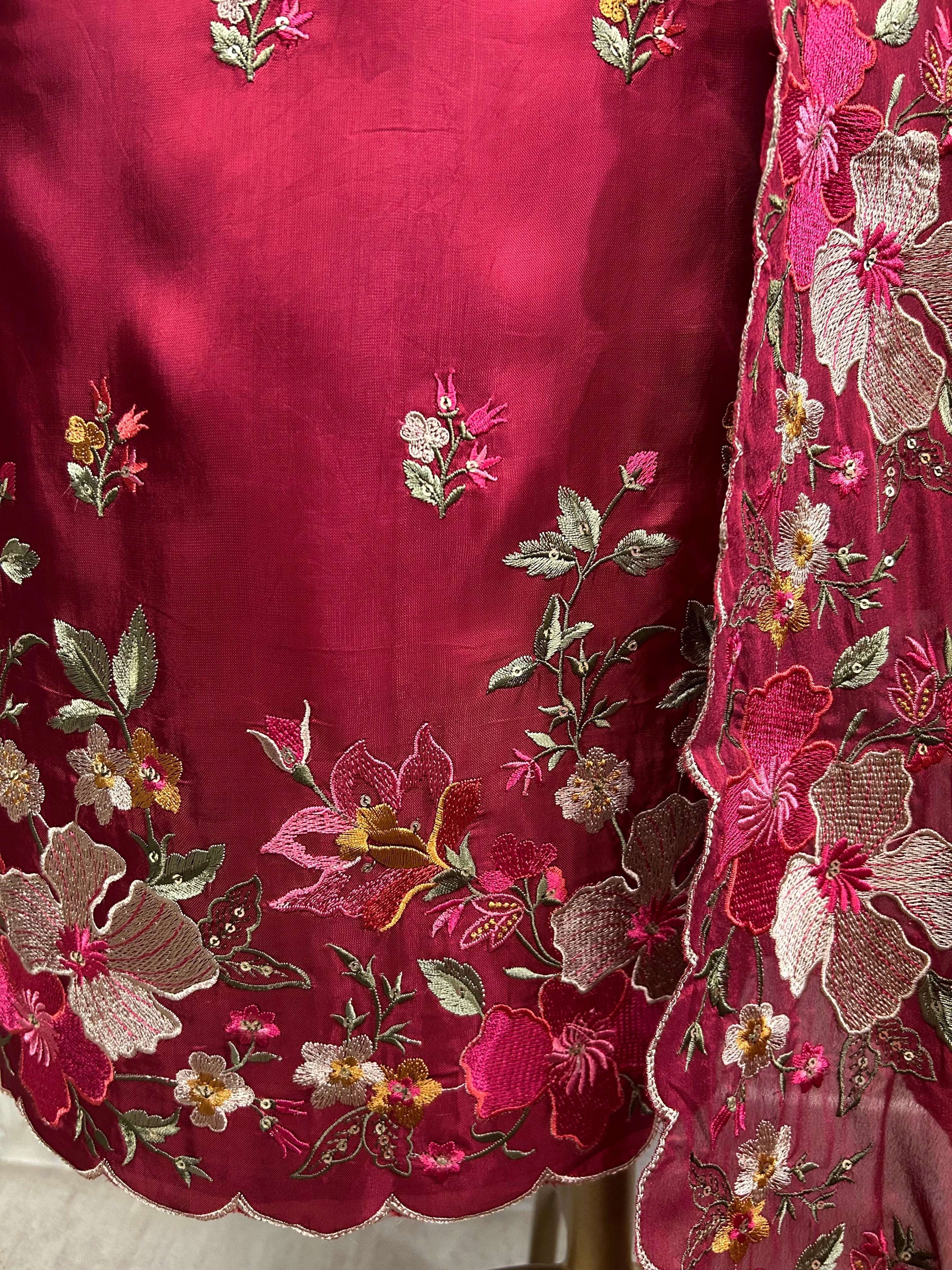 Thread Embroidered Opada Silk Unstitched Suit Set (Dark)
