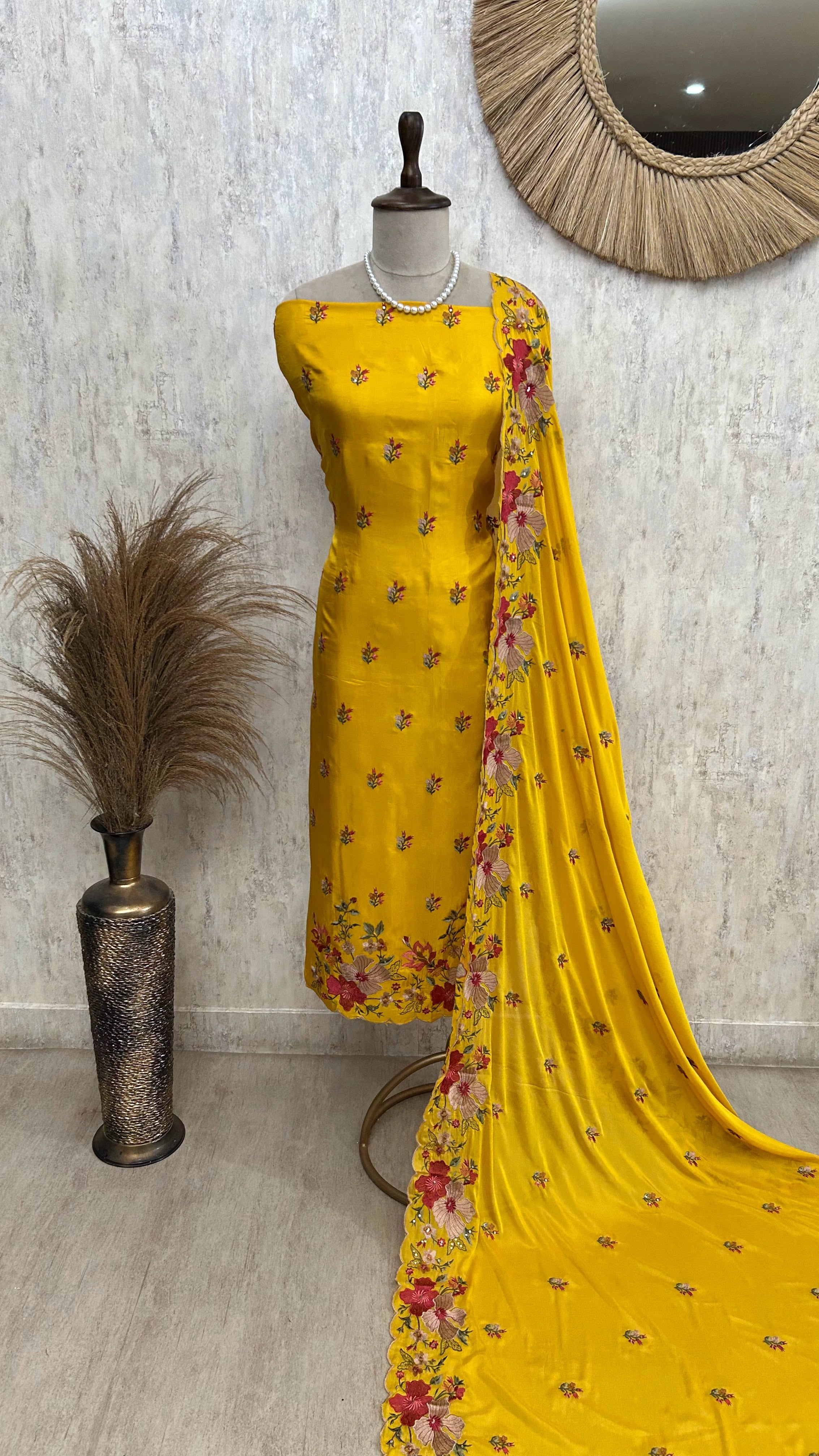 Thread Embroidered Opada Silk Unstitched Suit Set (Dark)