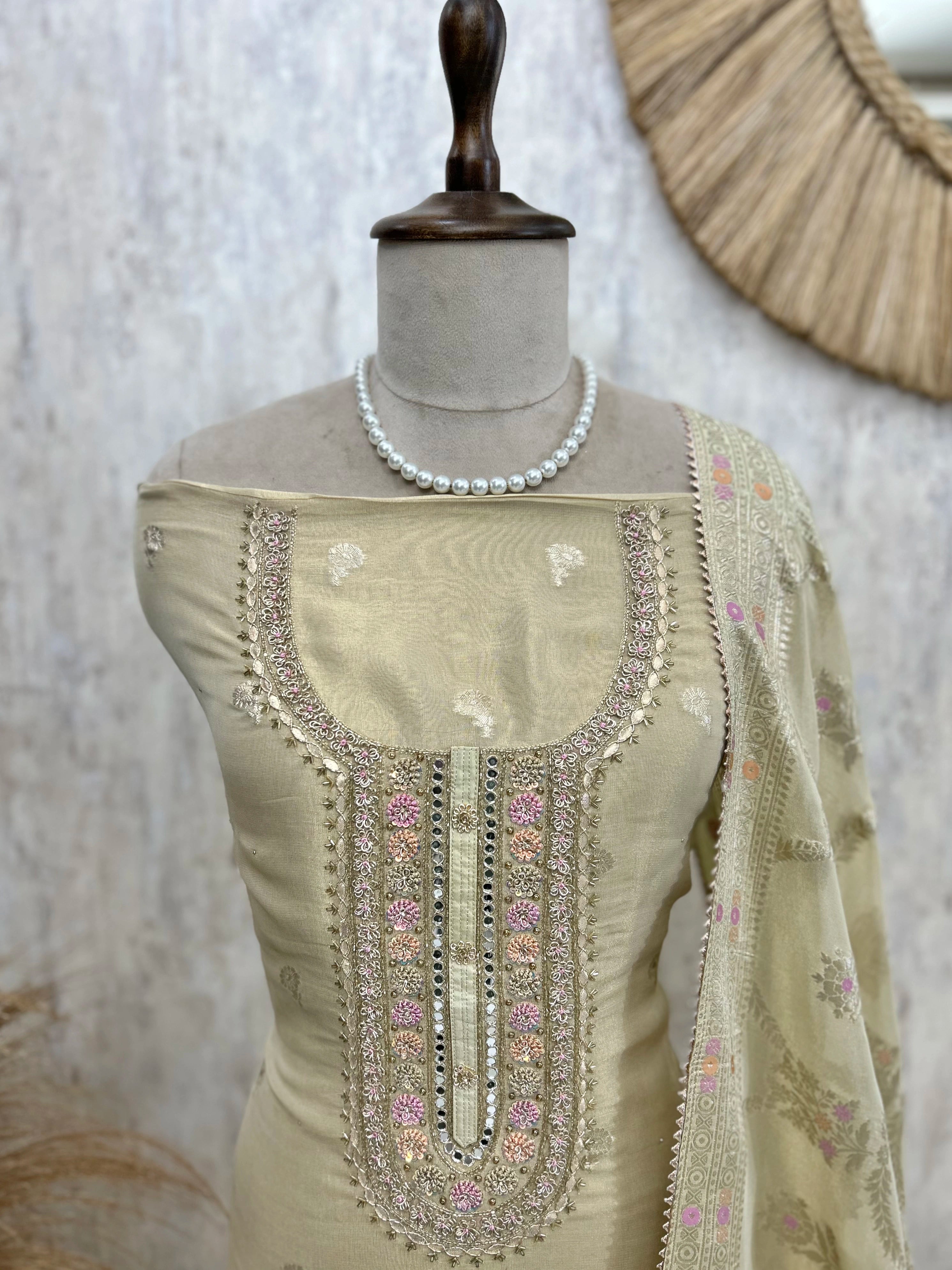 Tissue Unstitched Suit Set With Banarasi Weave