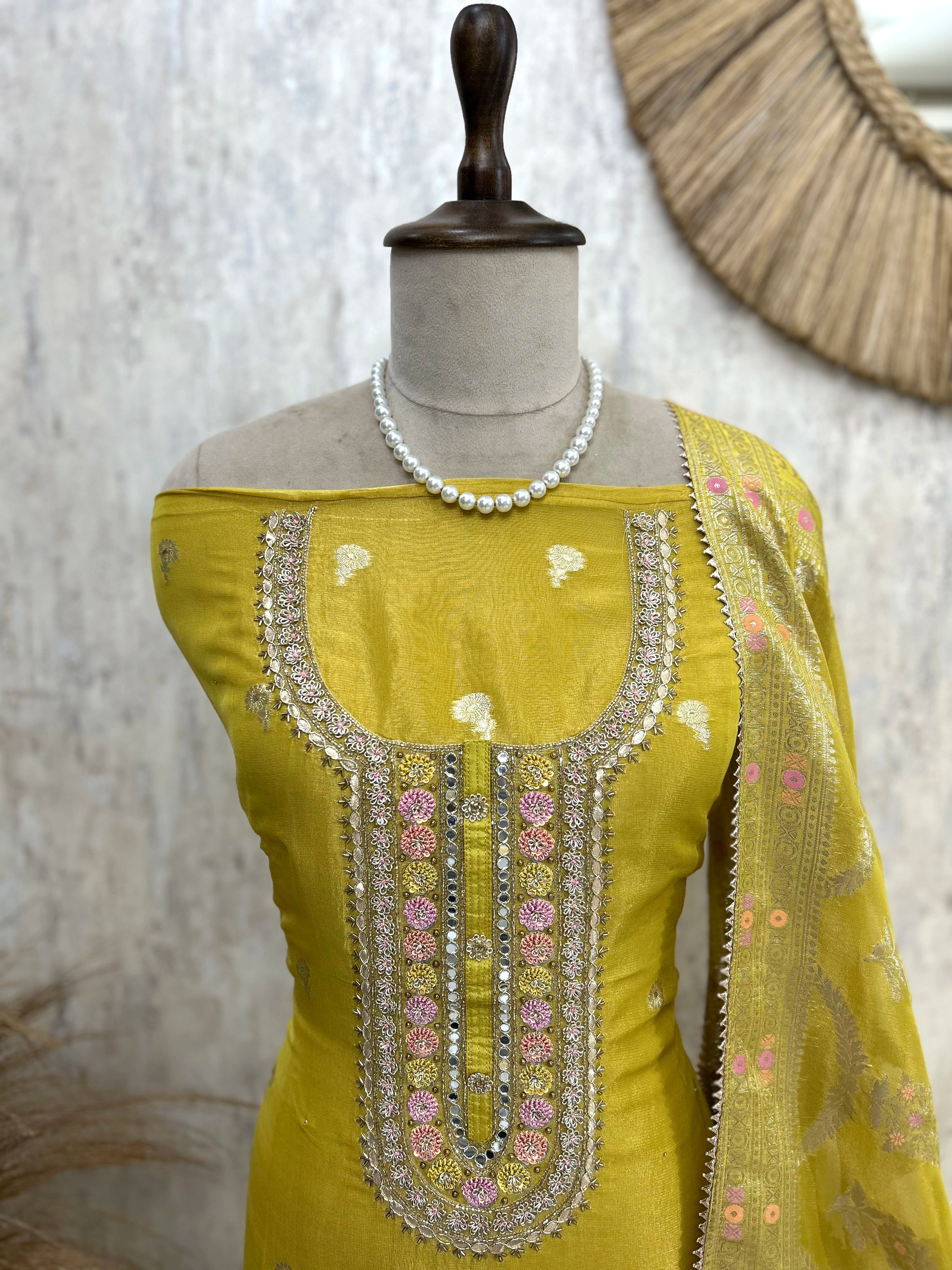 Tissue Unstitched Suit Set With Banarasi Weave