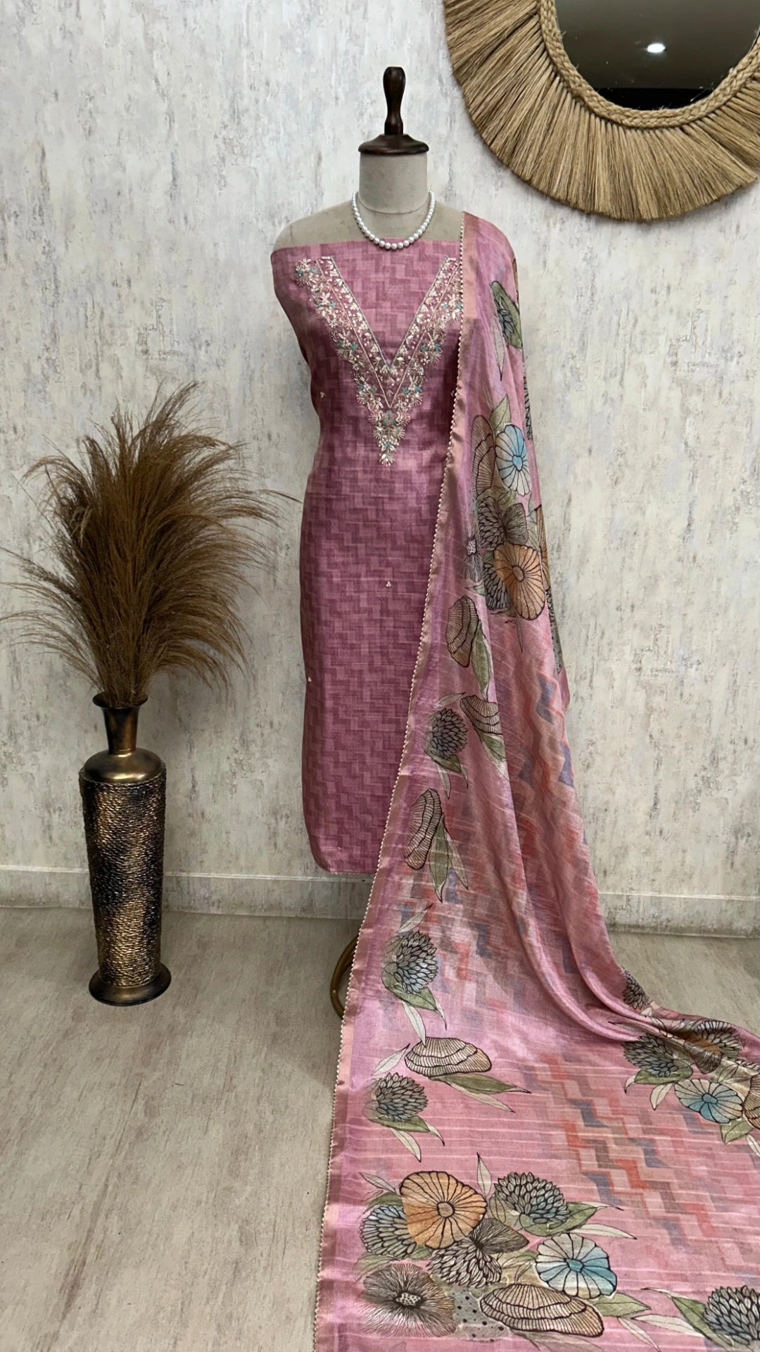 Tussar Unstitched Suit Set With Hand Embroidery