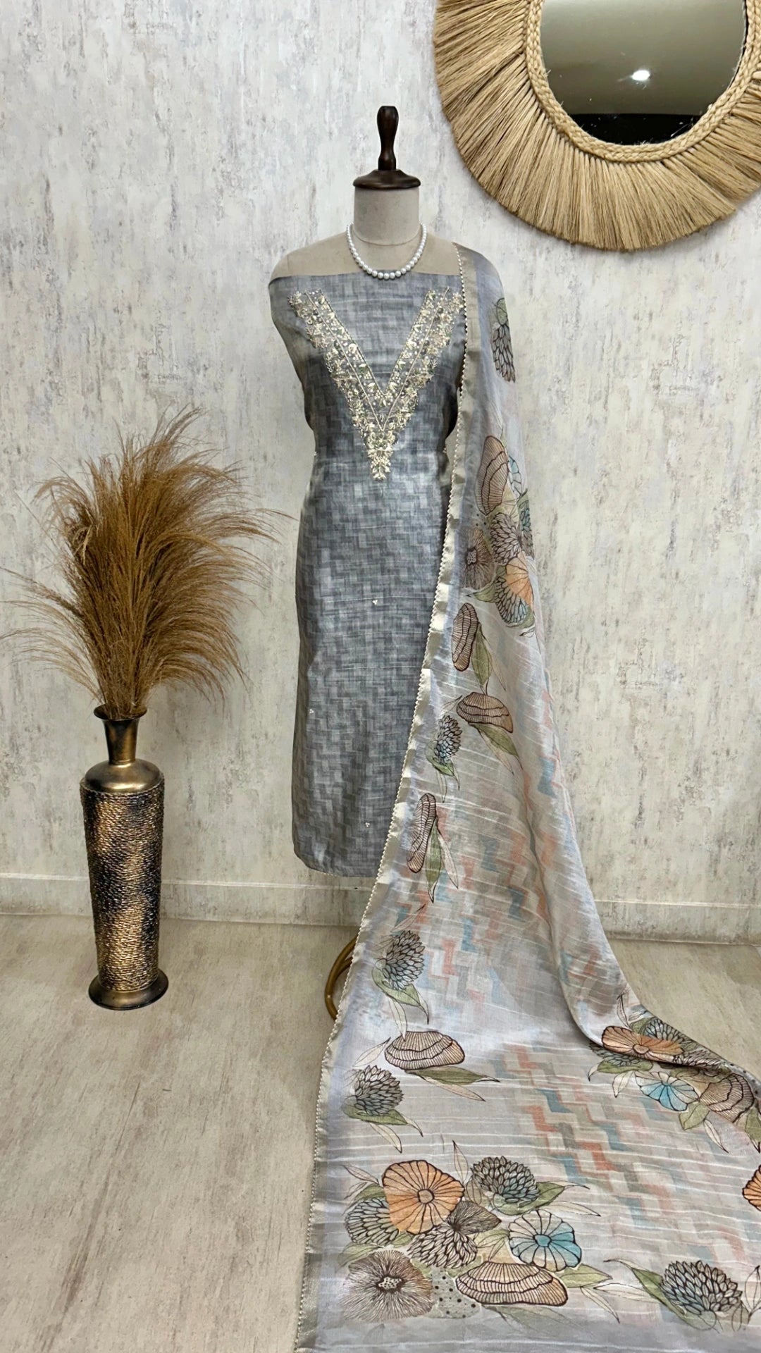 Tussar Unstitched Suit Set With Hand Embroidery