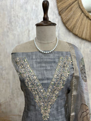 Tussar Unstitched Suit Set With Hand Embroidery