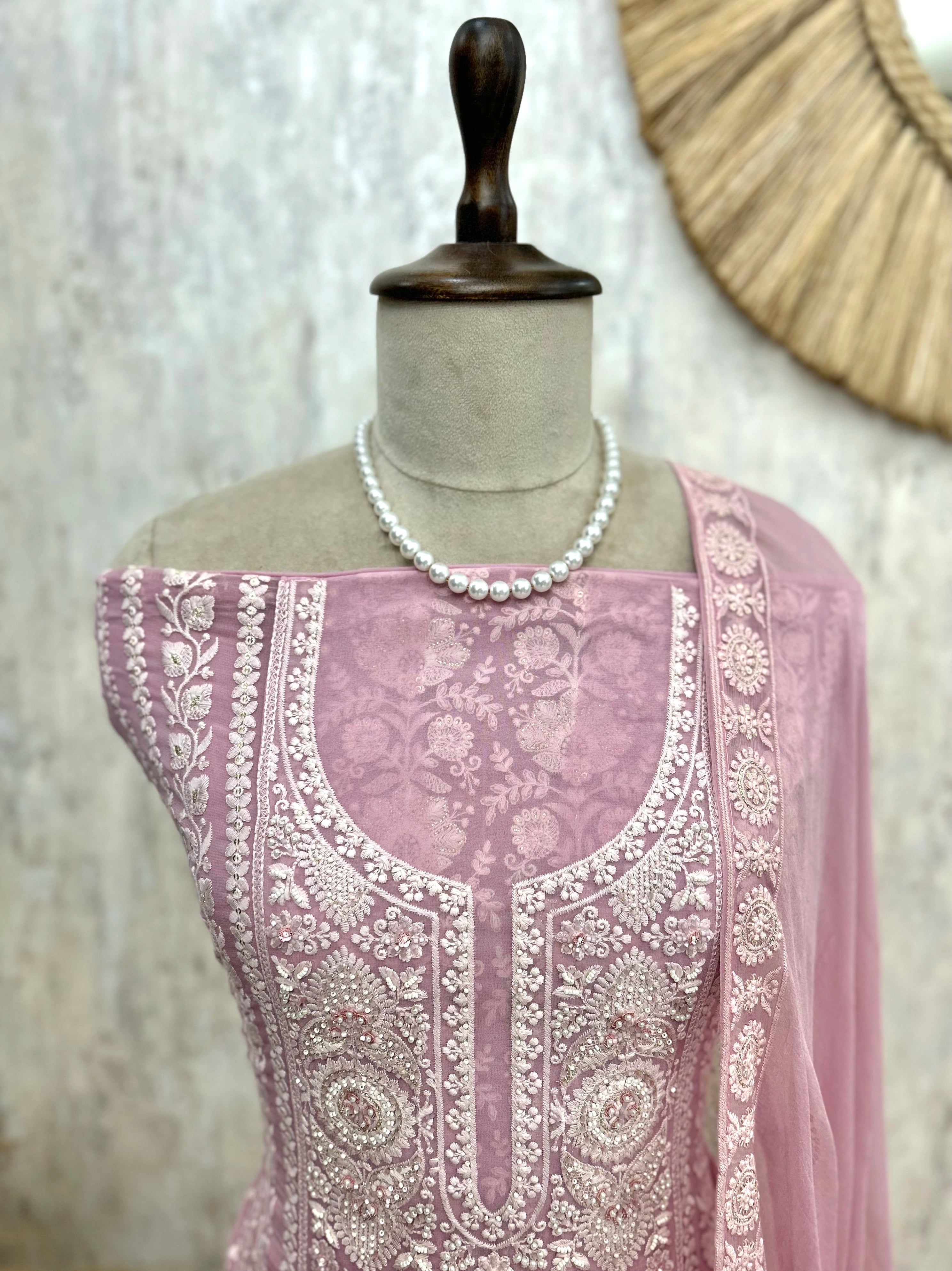 Georgette Unstitched Suit Set With Lucknowi Chikankari