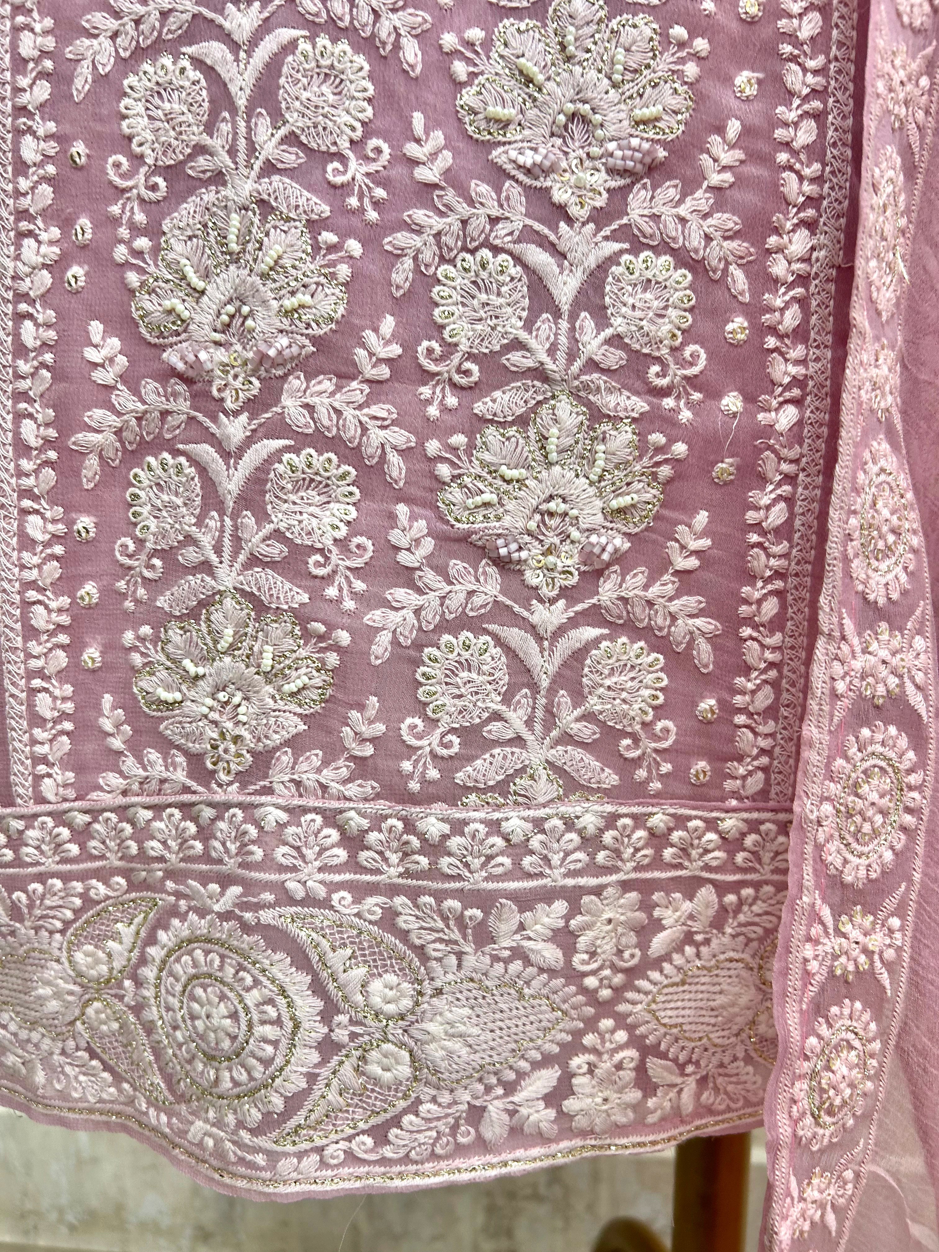 Georgette Unstitched Suit Set With Lucknowi Chikankari