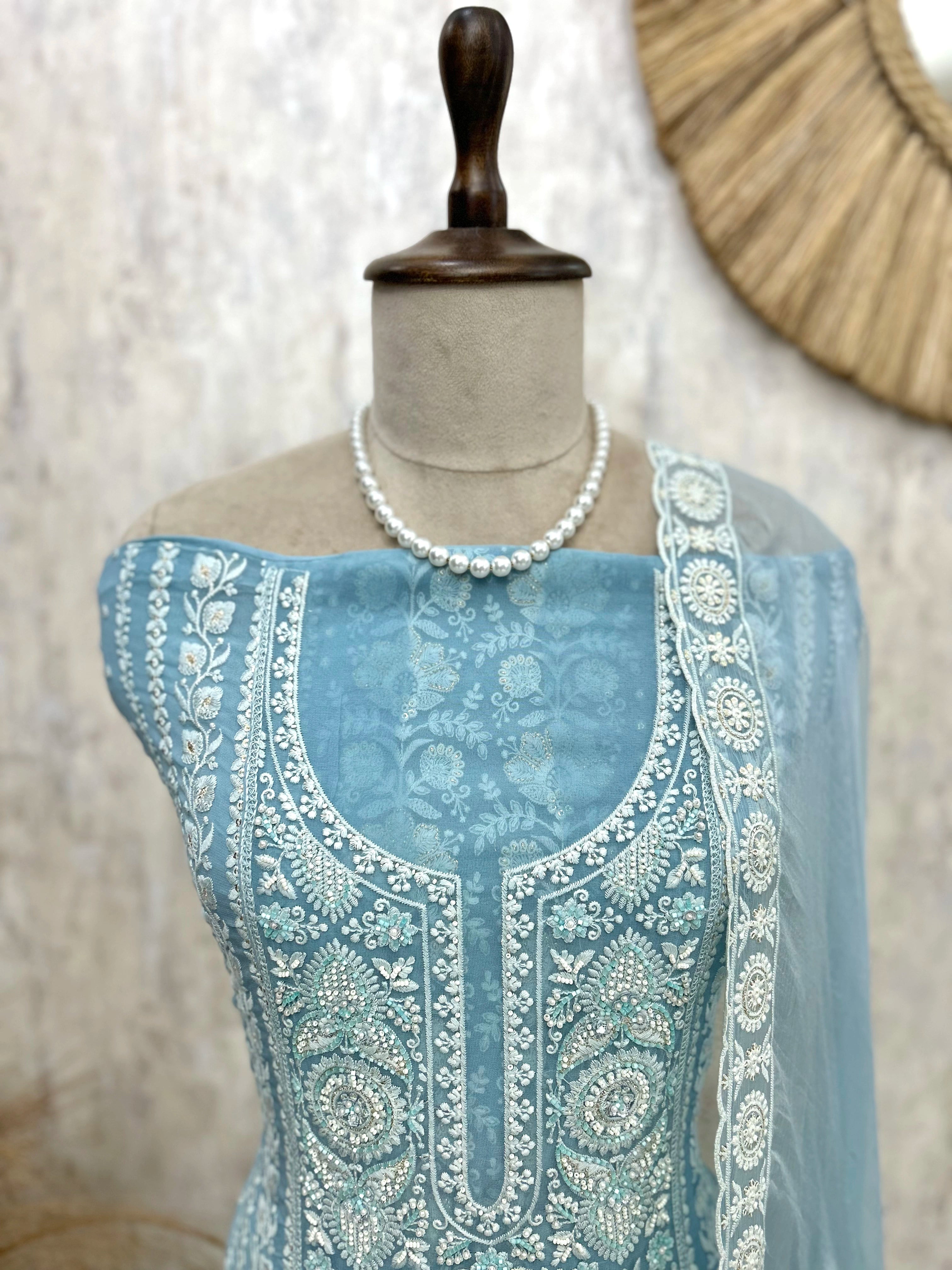 Georgette Unstitched Suit Set With Lucknowi Chikankari