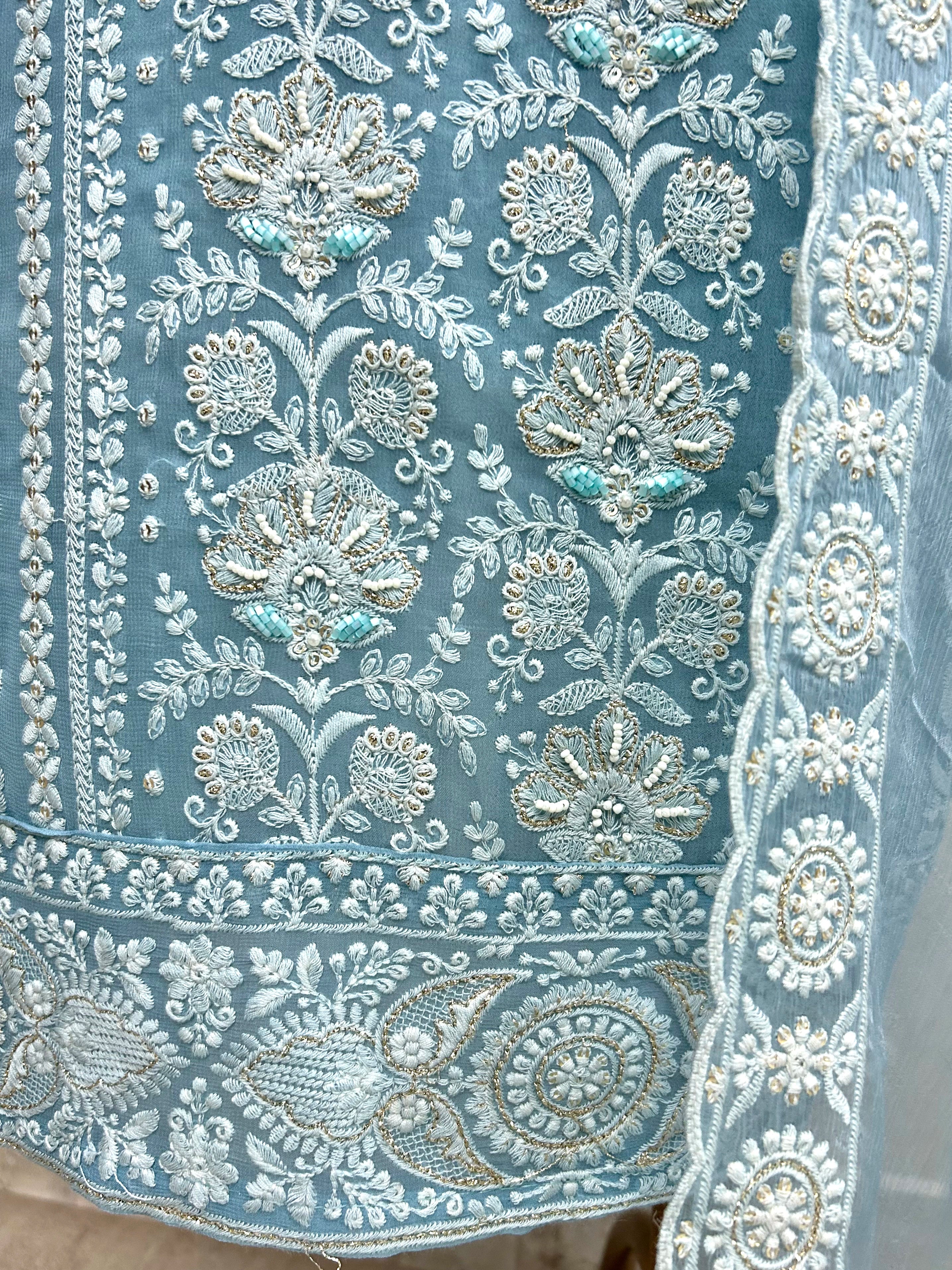 Georgette Unstitched Suit Set With Lucknowi Chikankari