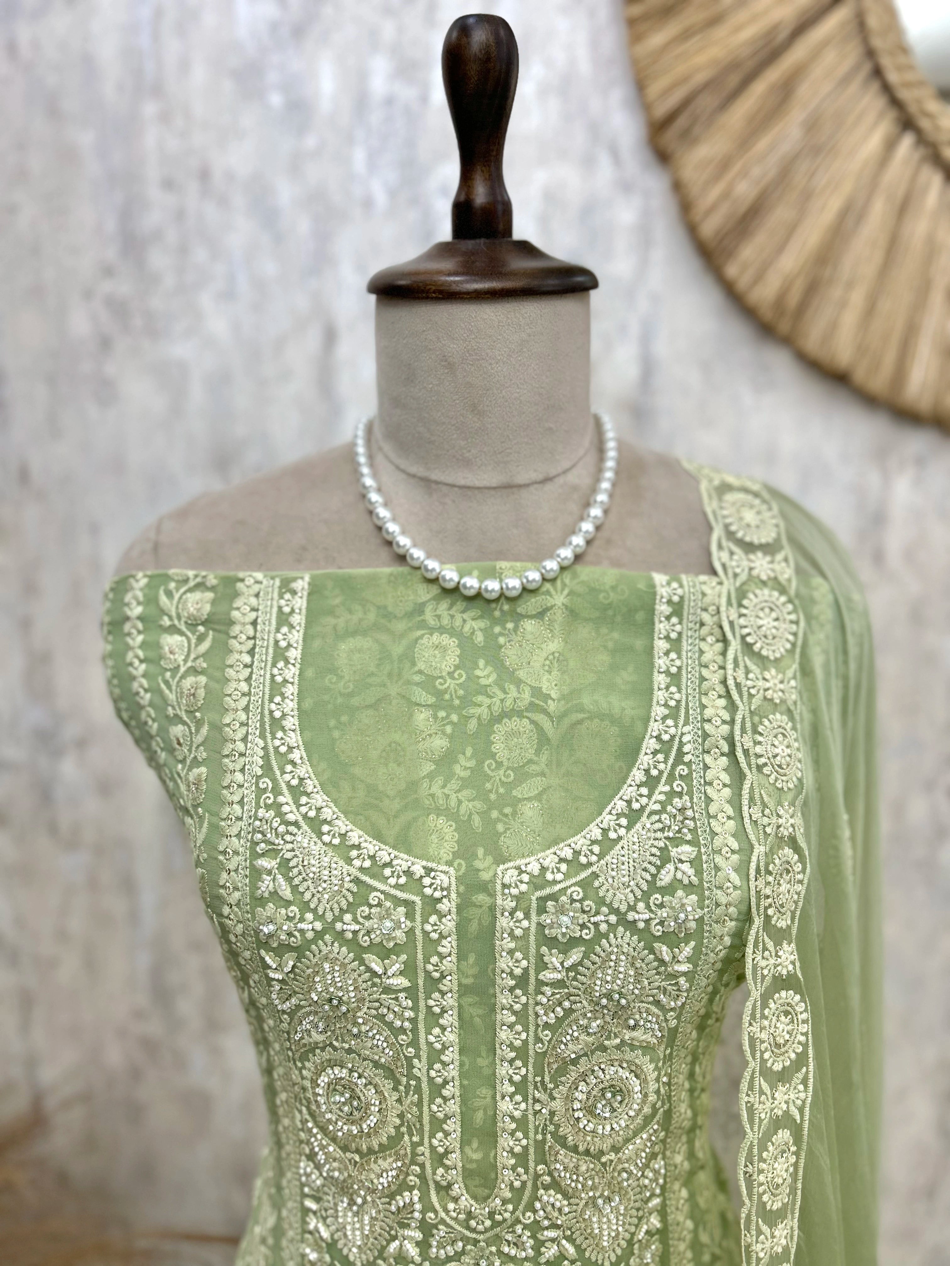 Georgette Unstitched Suit Set With Lucknowi Chikankari