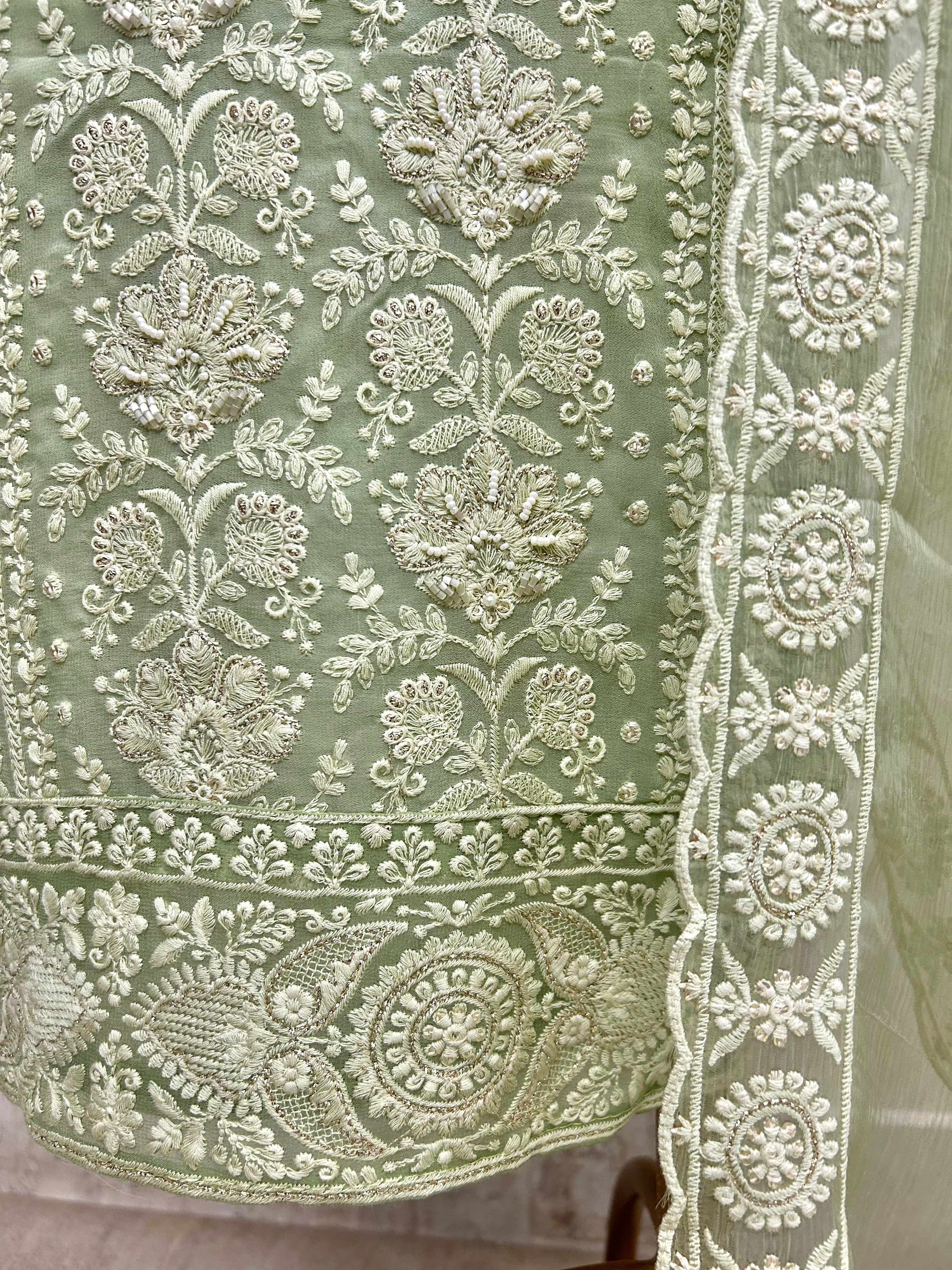 Georgette Unstitched Suit Set With Lucknowi Chikankari