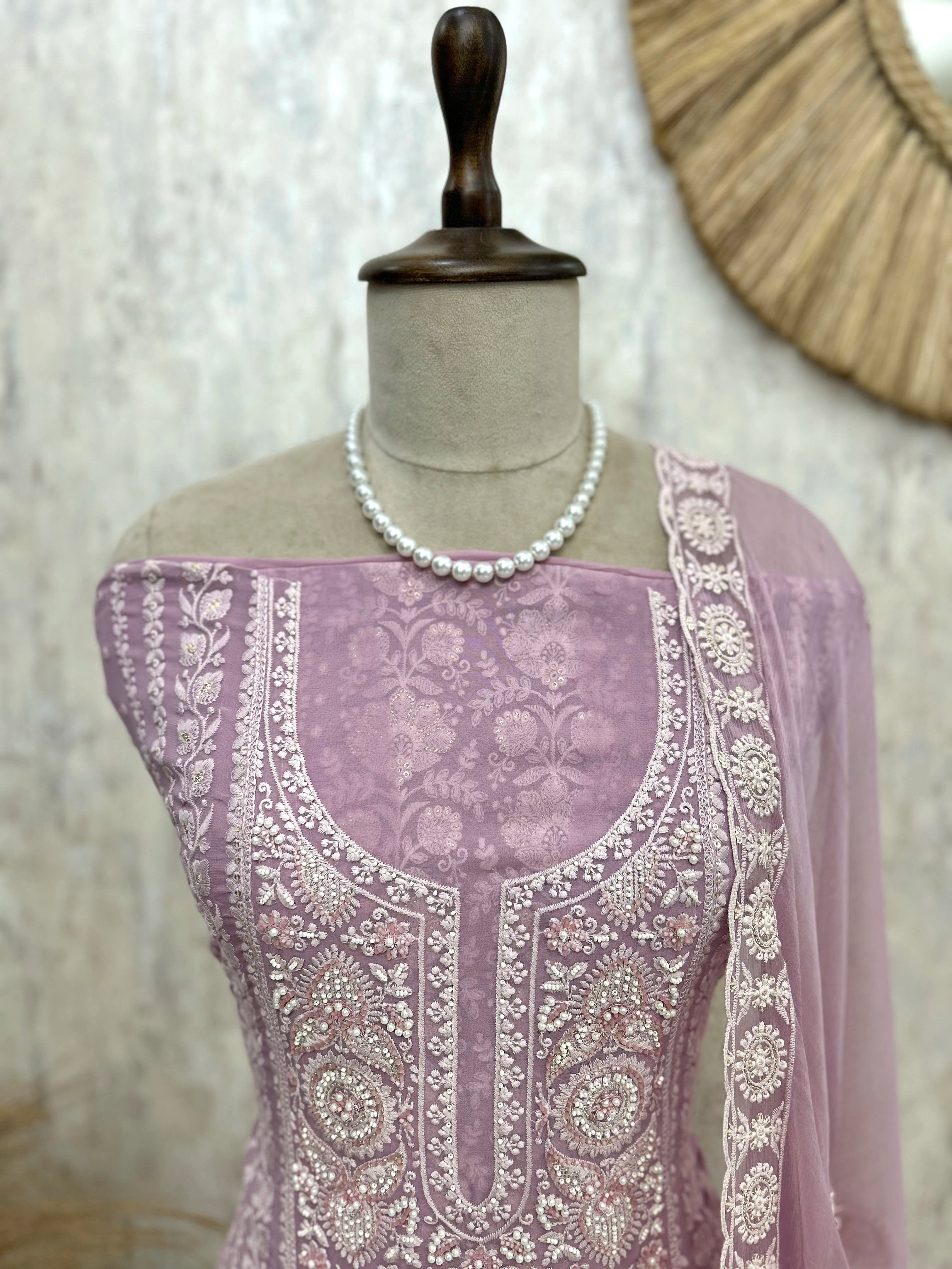 Georgette Unstitched Suit Set With Lucknowi Chikankari