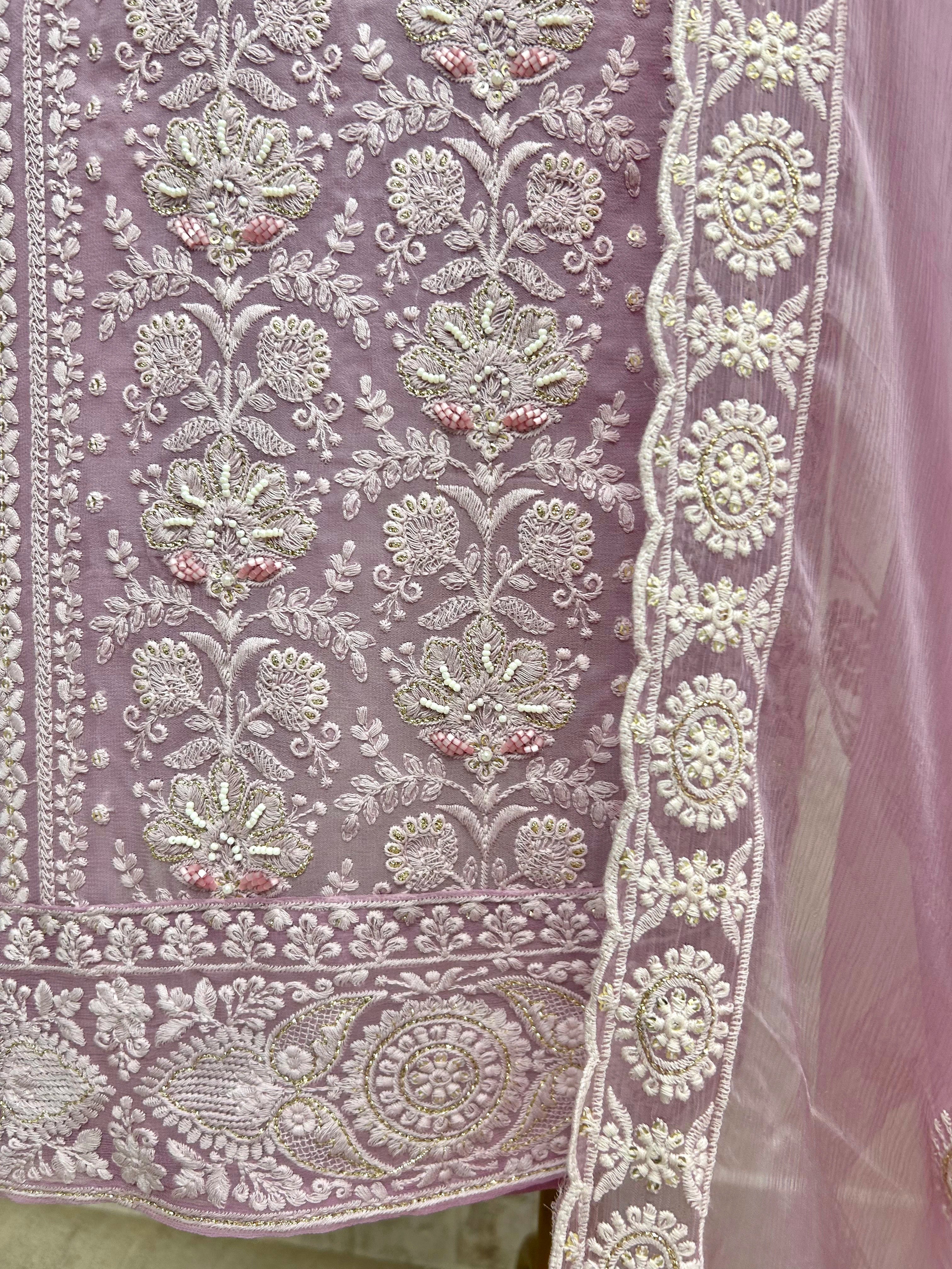 Georgette Unstitched Suit Set With Lucknowi Chikankari