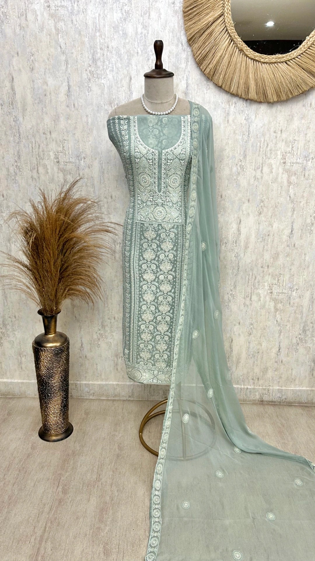 Georgette Unstitched Suit Set With Lucknowi Chikankari