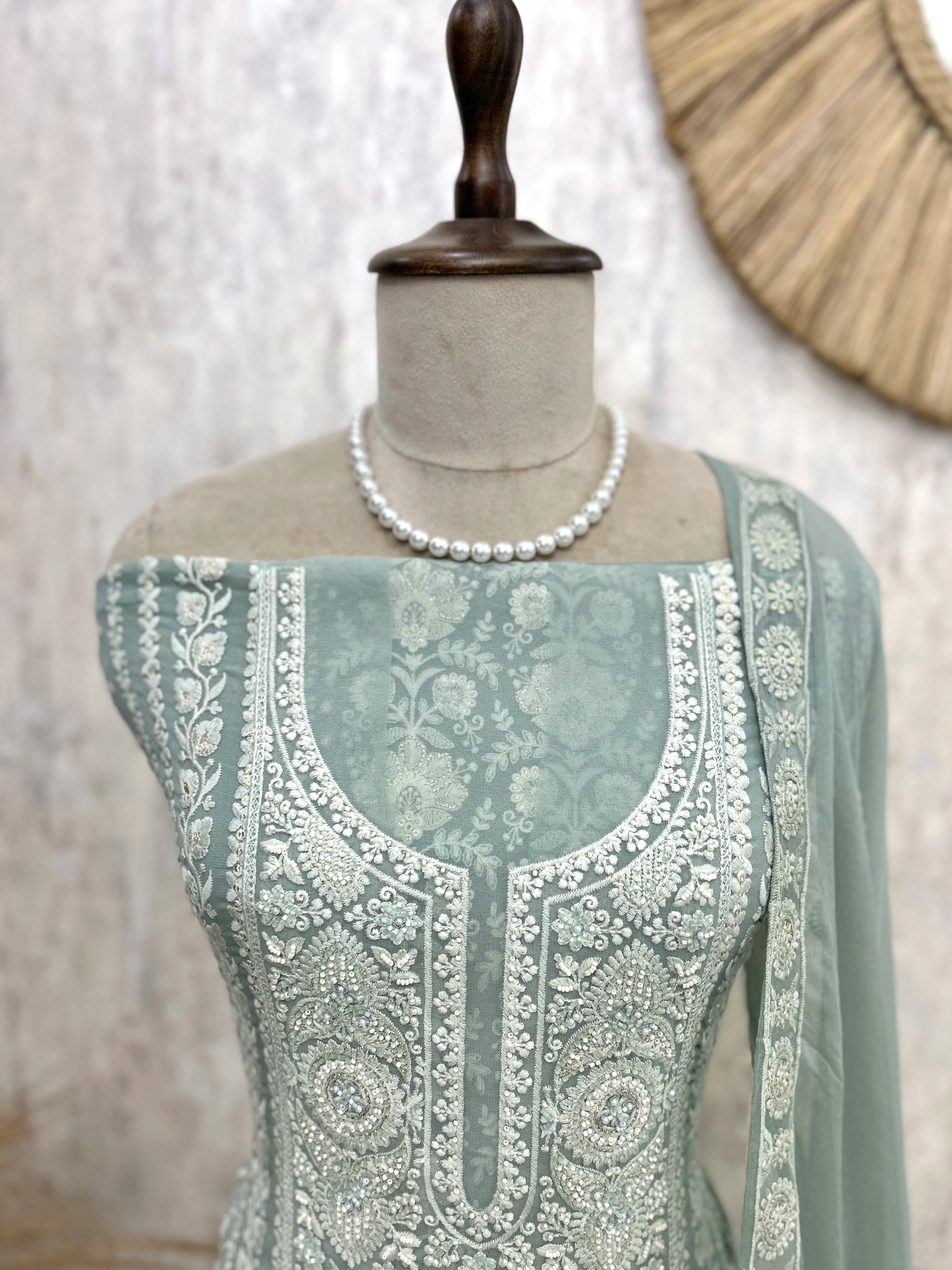 Georgette Unstitched Suit Set With Lucknowi Chikankari