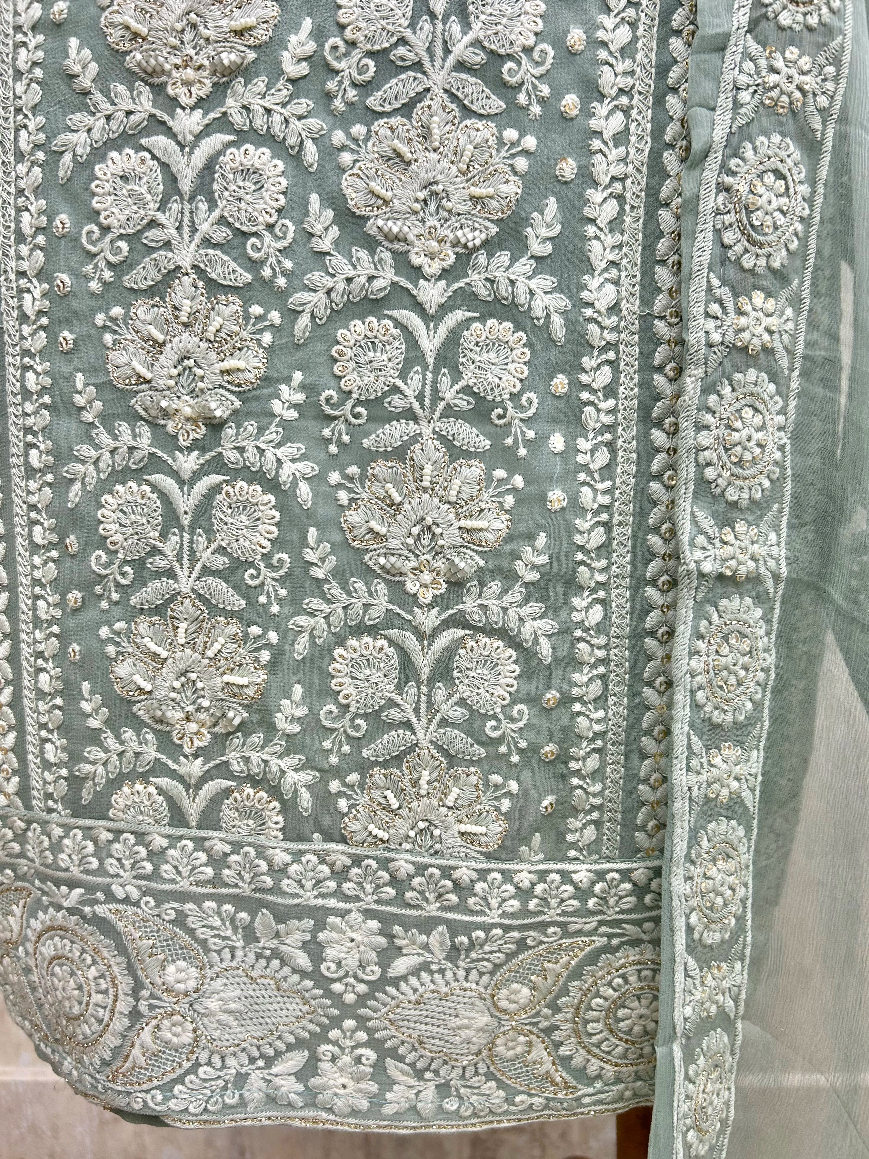 Georgette Unstitched Suit Set With Lucknowi Chikankari