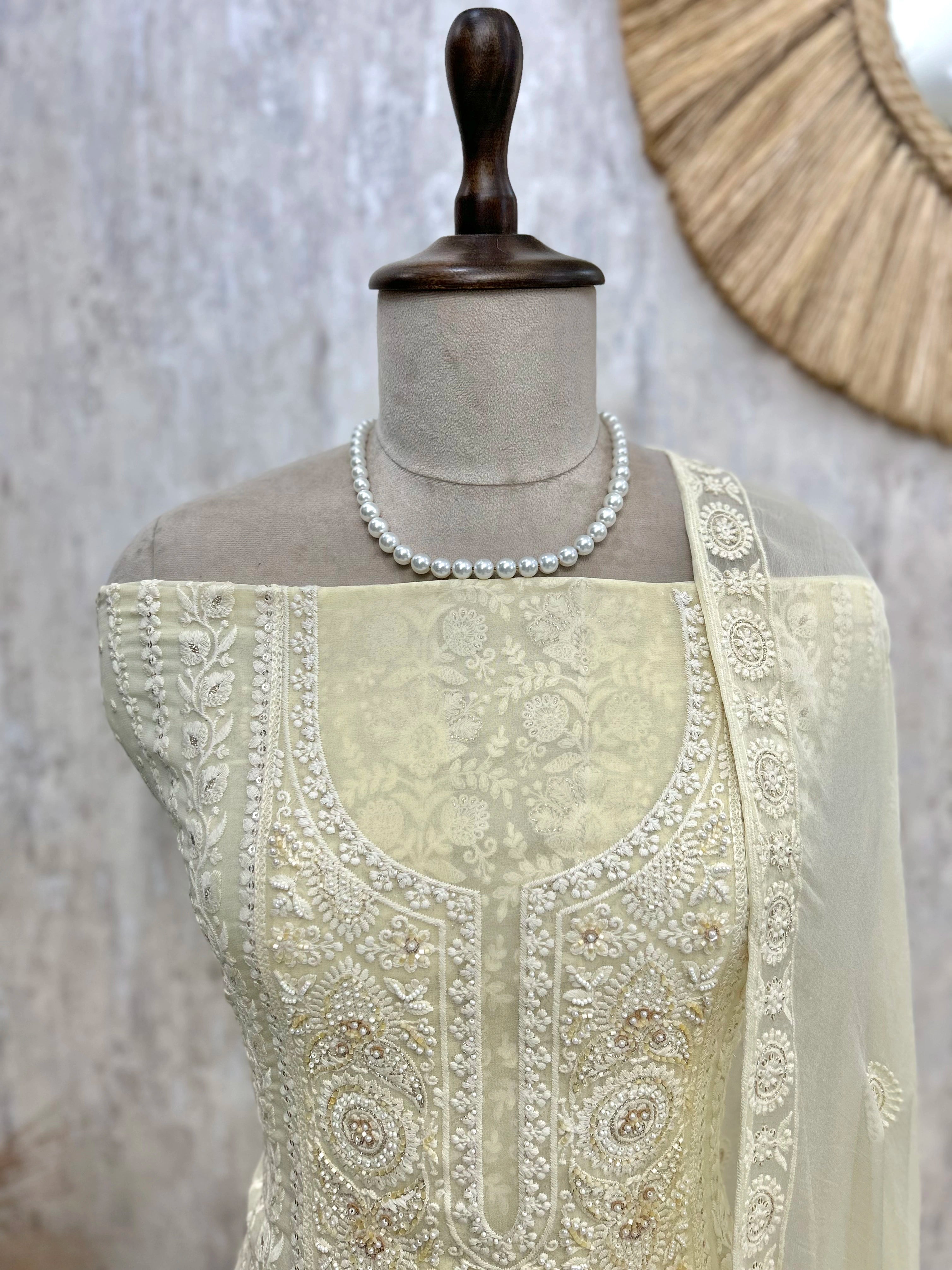 Georgette Unstitched Suit Set With Lucknowi Chikankari