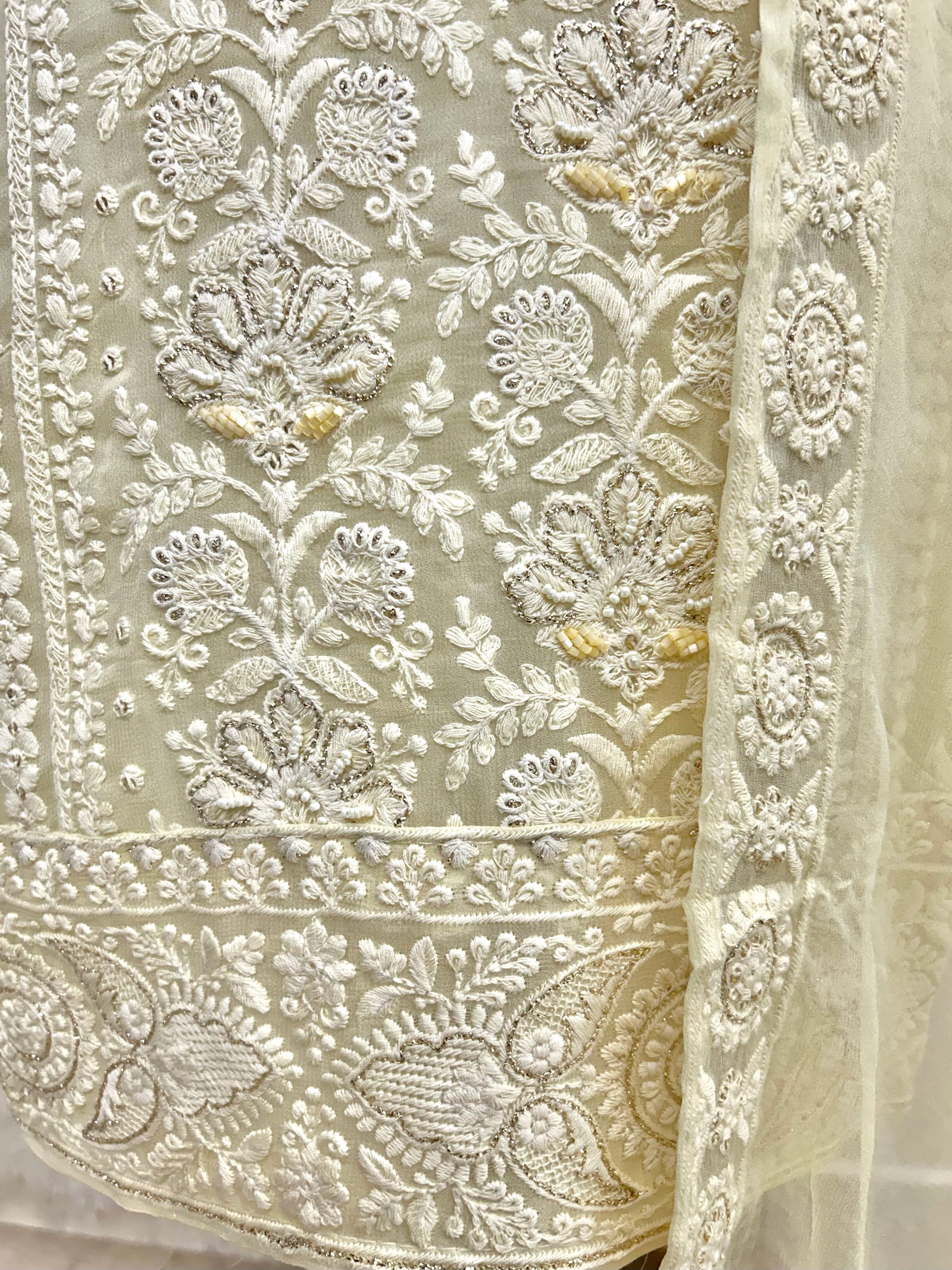Georgette Unstitched Suit Set With Lucknowi Chikankari