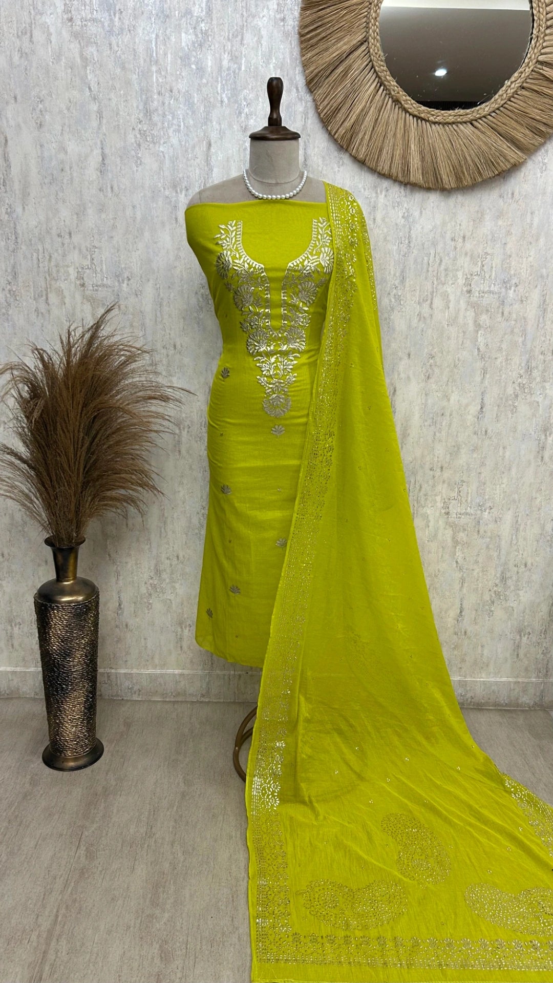 Pitta Work Mul Chanderi Unstitched Suit Set