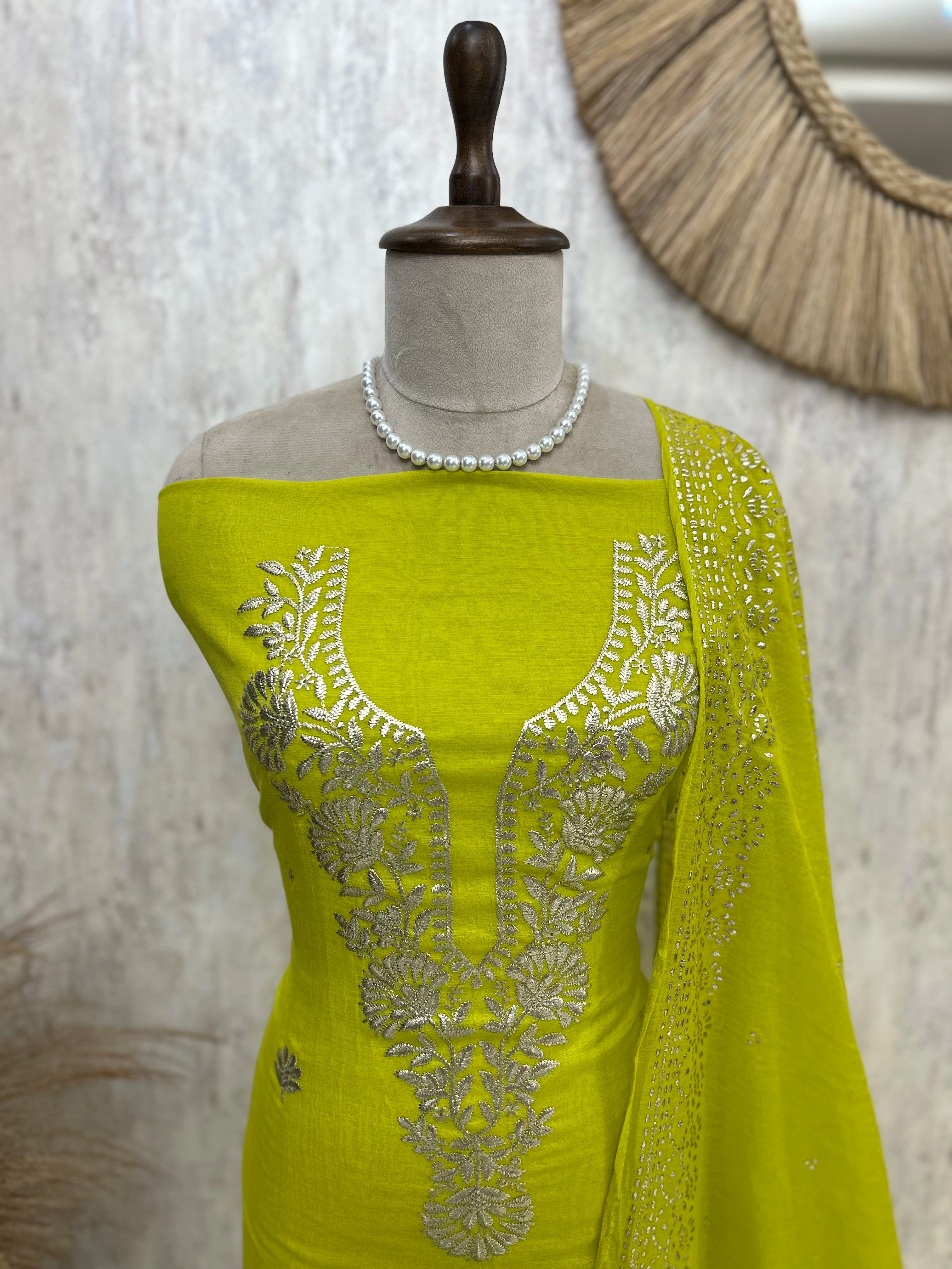 Pitta Work Mul Chanderi Unstitched Suit Set
