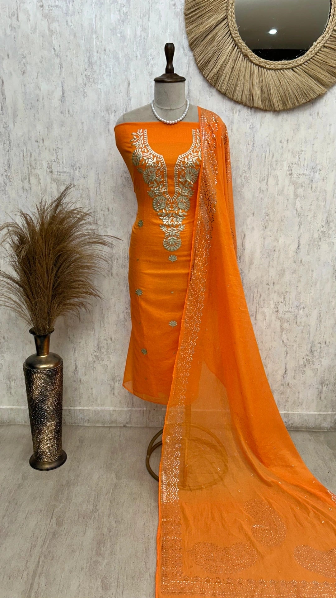 Pitta Work Mul Chanderi Unstitched Suit Set