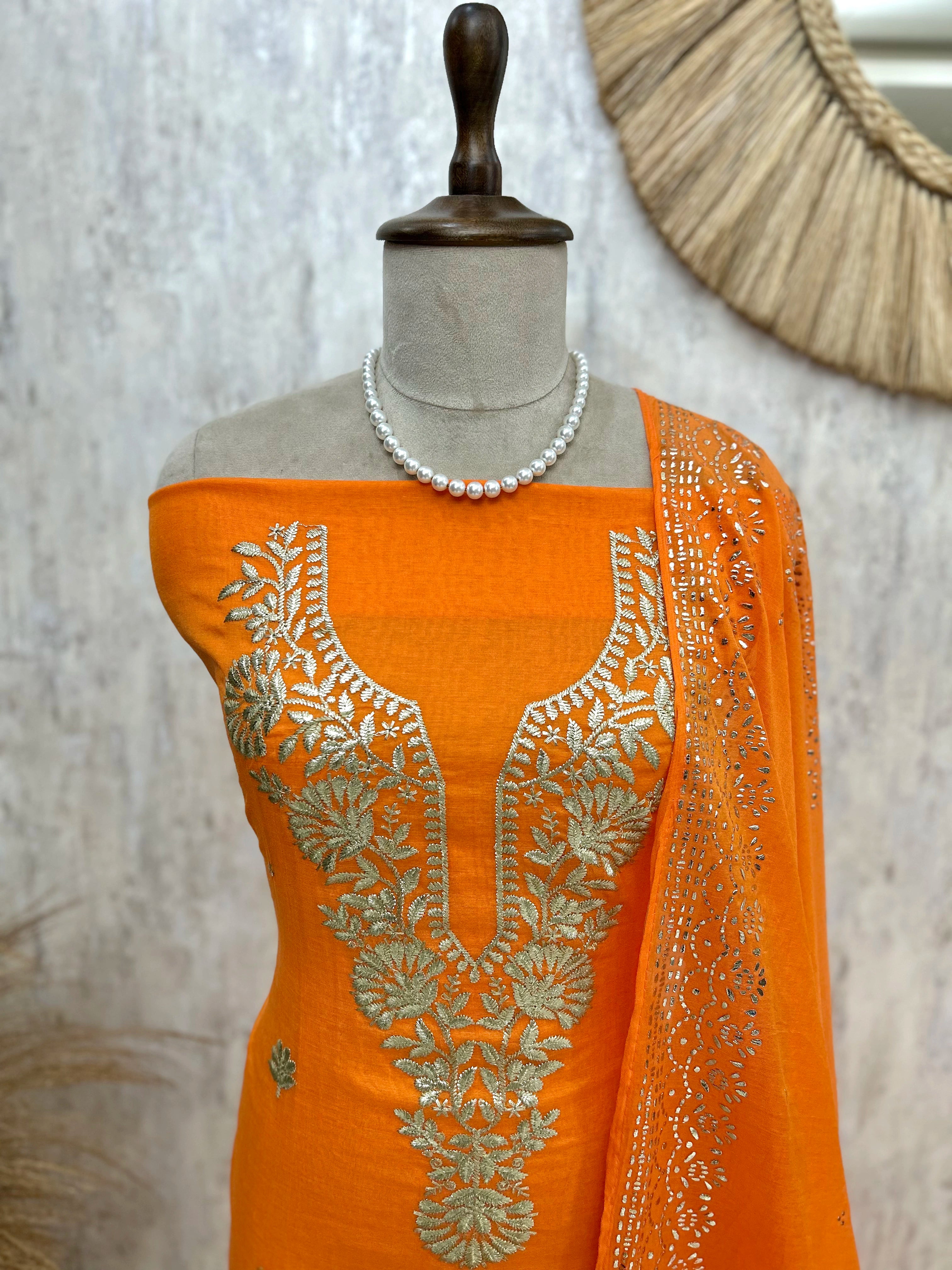 Pitta Work Mul Chanderi Unstitched Suit Set
