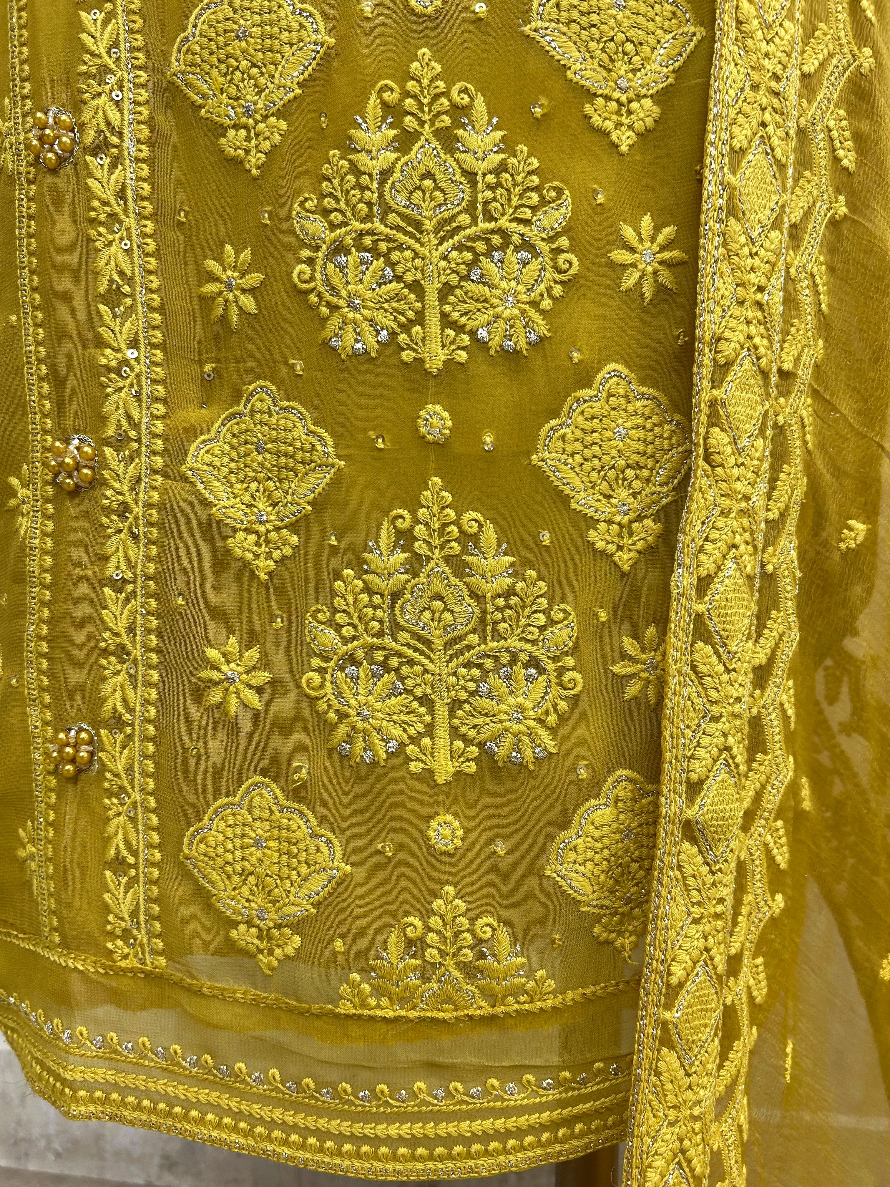 Lucknowi Chikankari & Pearl Work Georgette Unstitched Suit Set