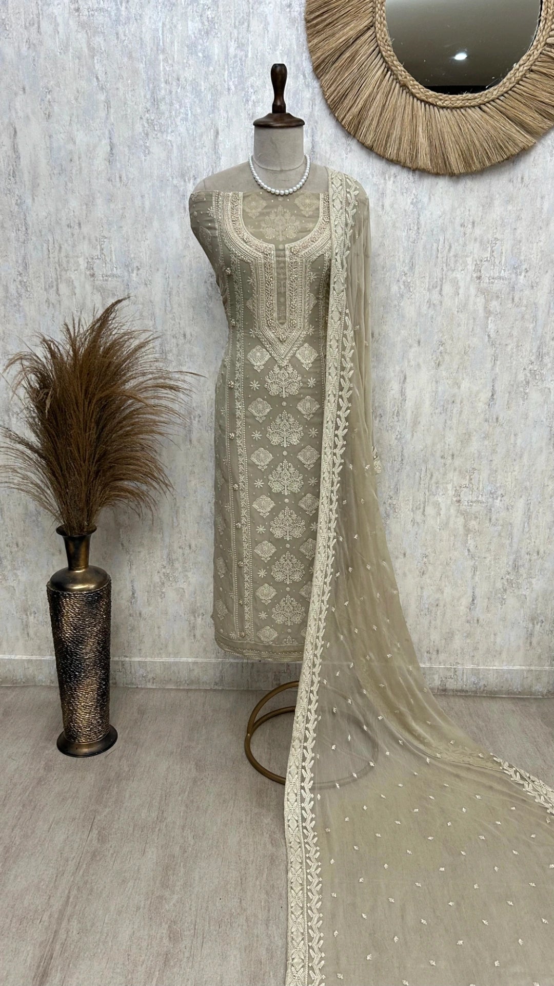 Lucknowi Chikankari & Pearl Work Georgette Unstitched Suit Set