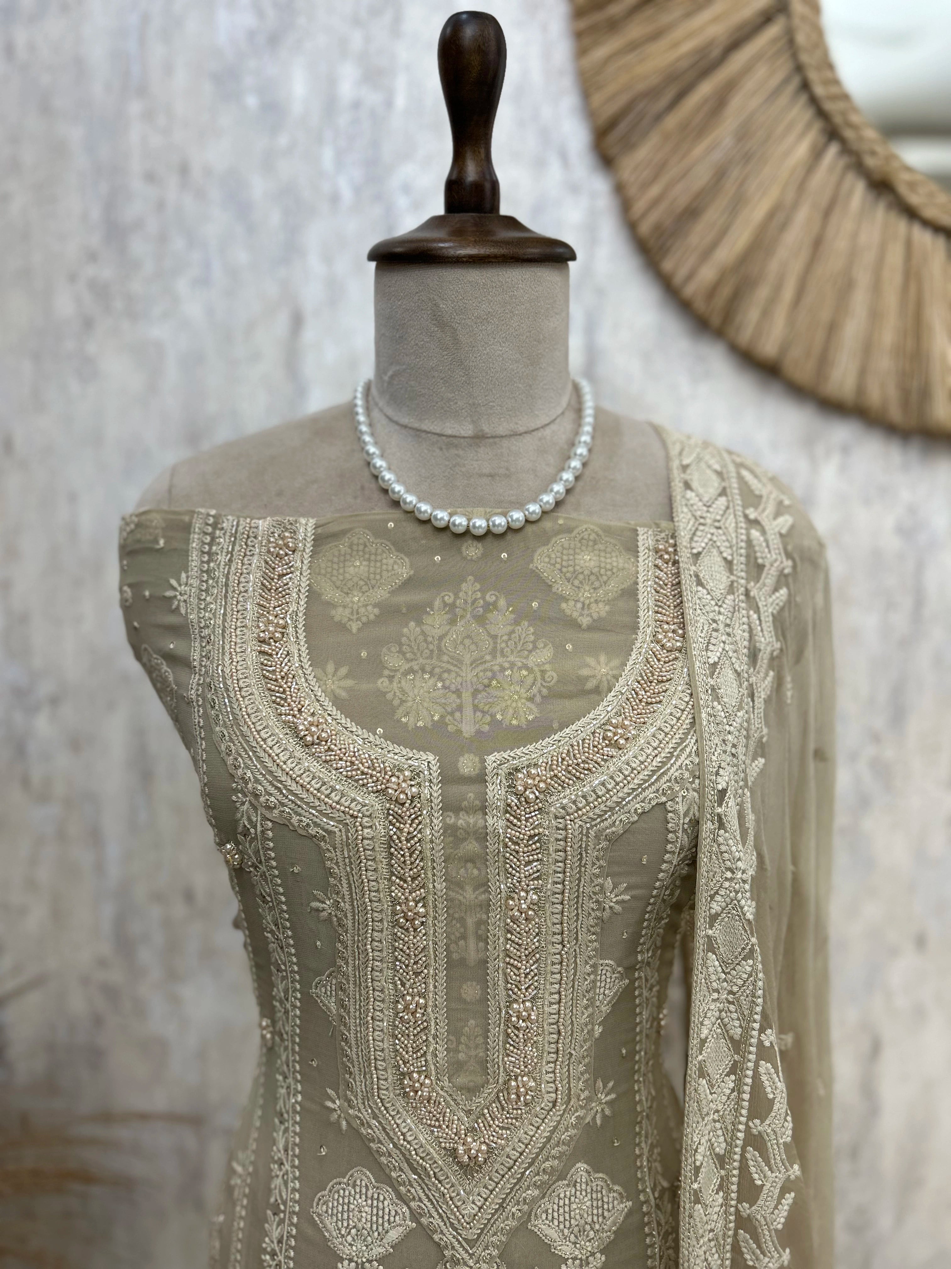 Lucknowi Chikankari & Pearl Work Georgette Unstitched Suit Set