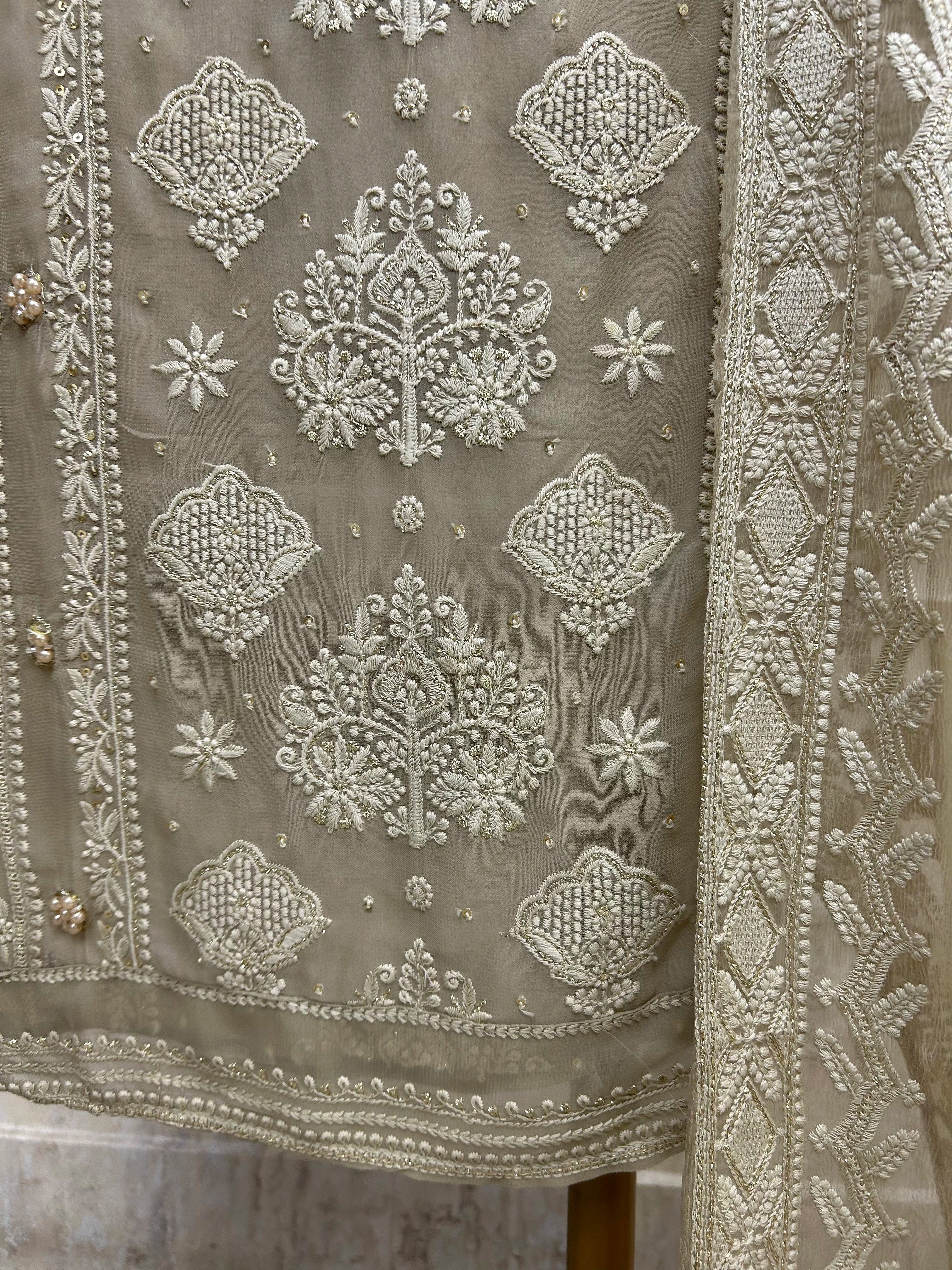 Lucknowi Chikankari & Pearl Work Georgette Unstitched Suit Set