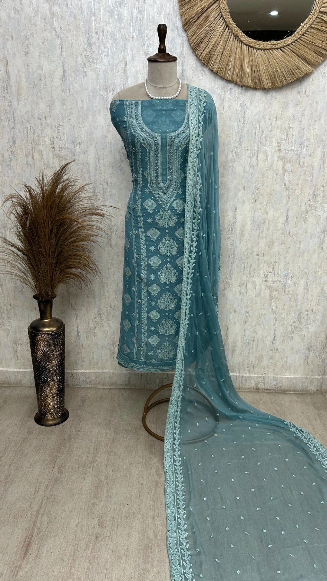 Lucknowi Chikankari & Pearl Work Georgette Unstitched Suit Set