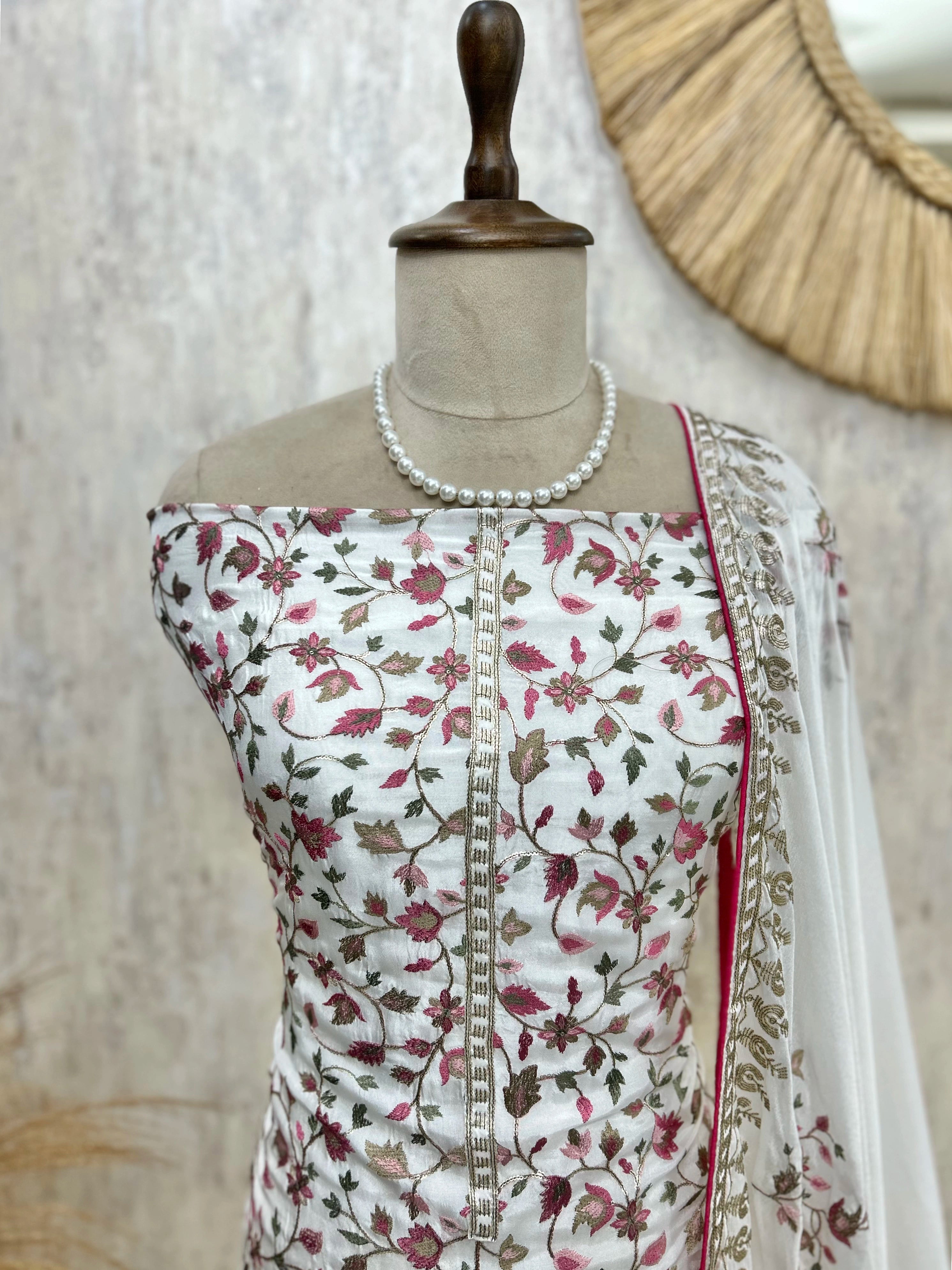 Opada Silk Unstitched Suit Set With Thread Embroidery