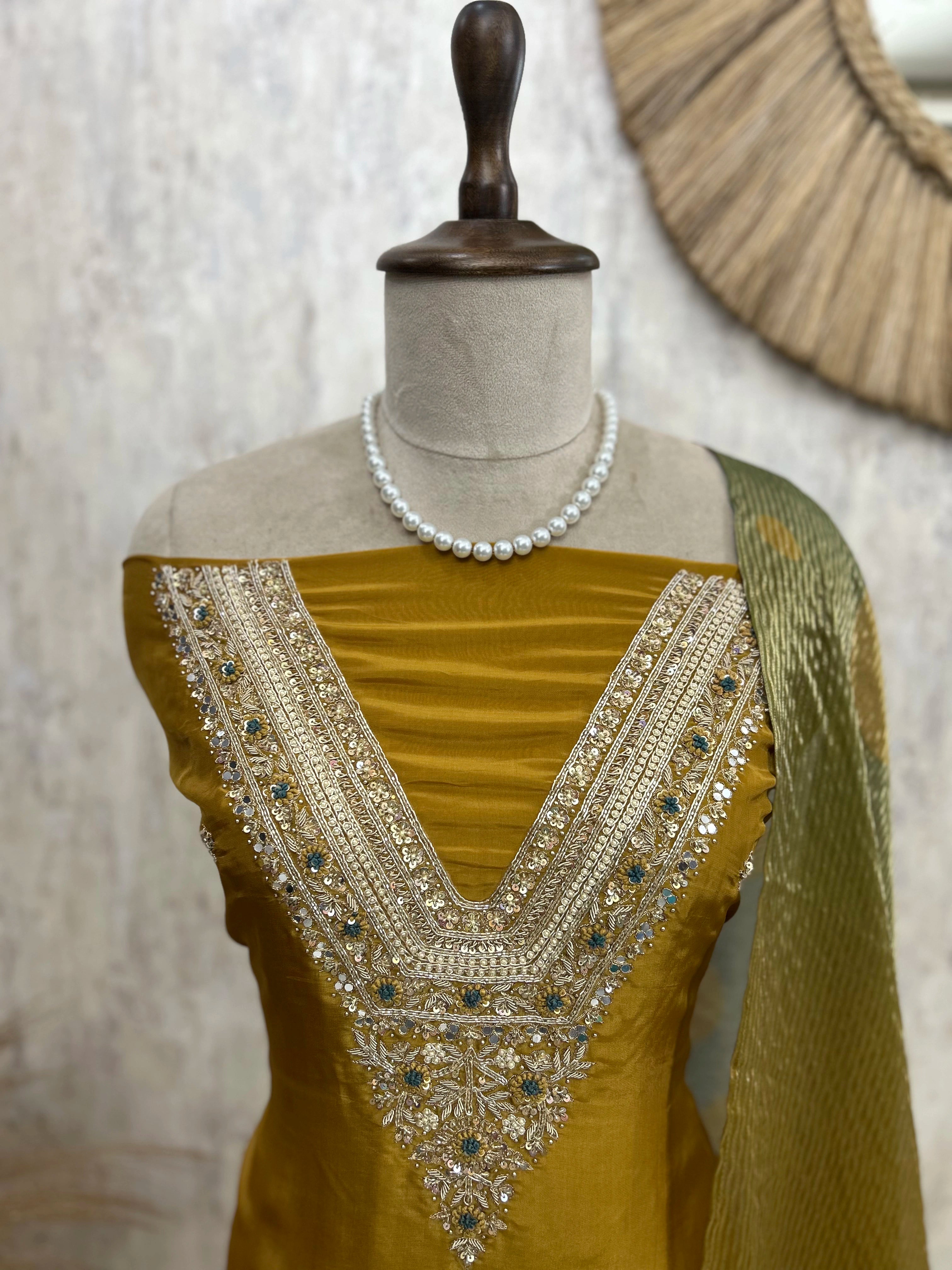 Tissue Silk Unstitched Suit Set With Embroidered Neckline