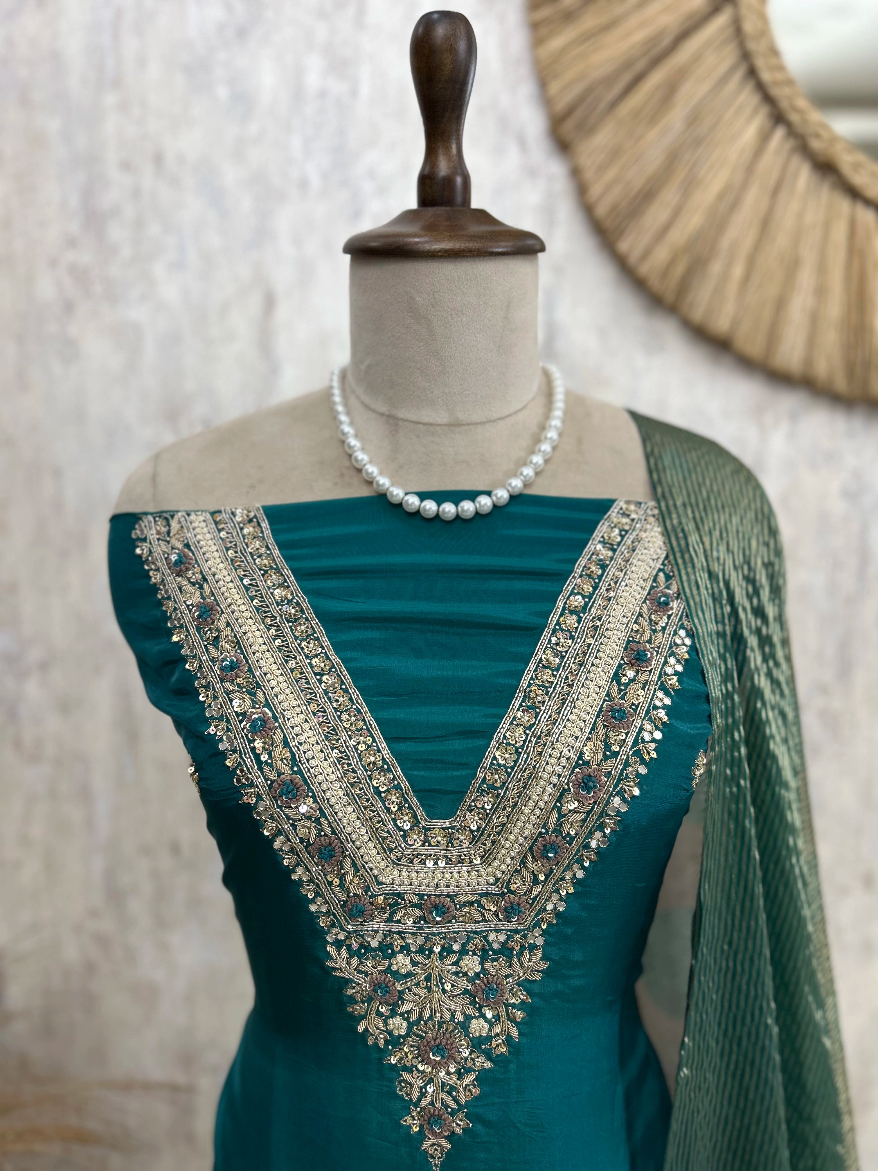 Tissue Silk Unstitched Suit Set With Embroidered Neckline