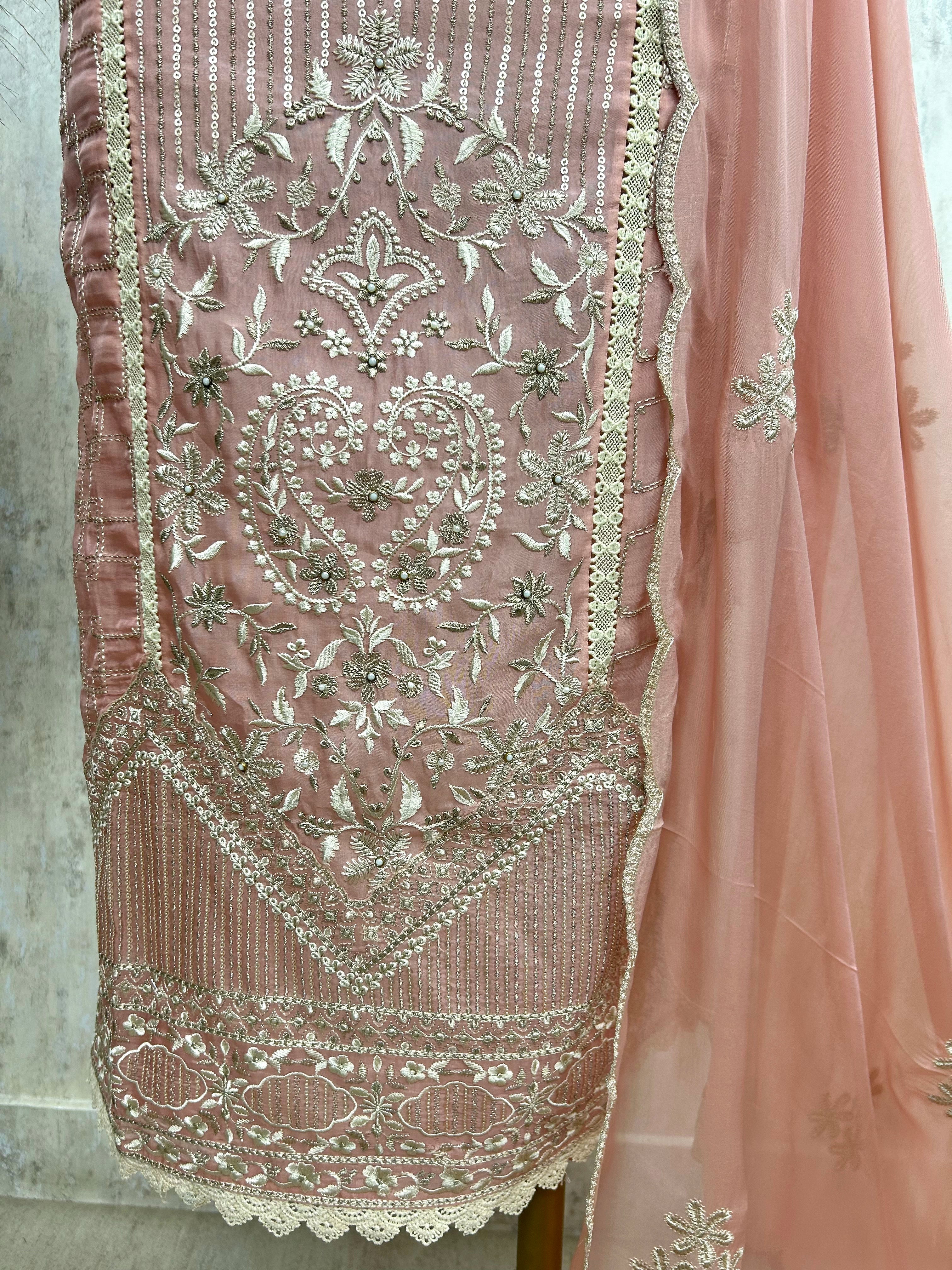 Organza Unstitched Suit Set With Bead Work