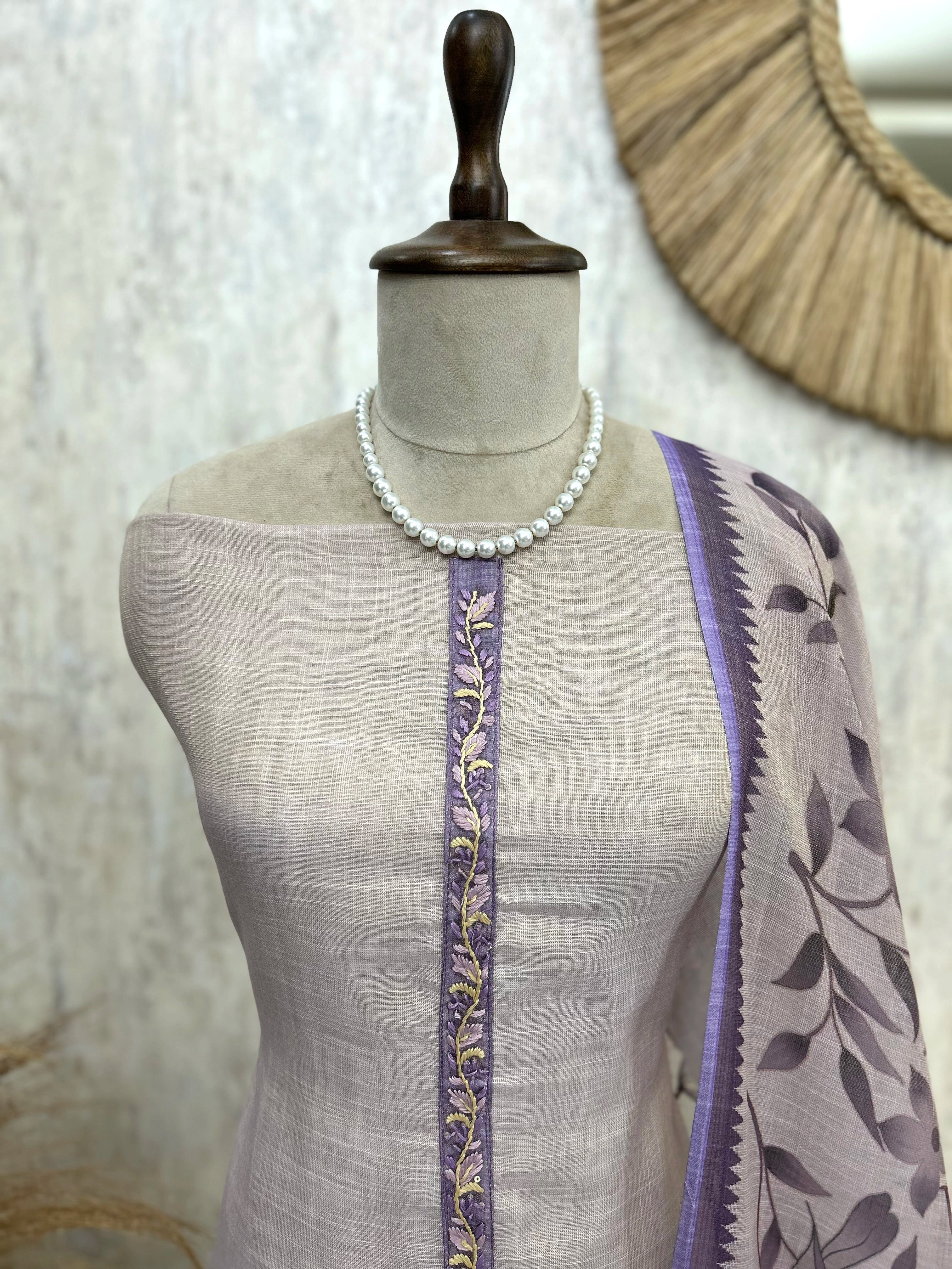 Linen Unstitched Suit Set With Leaf Motifs On Hemline