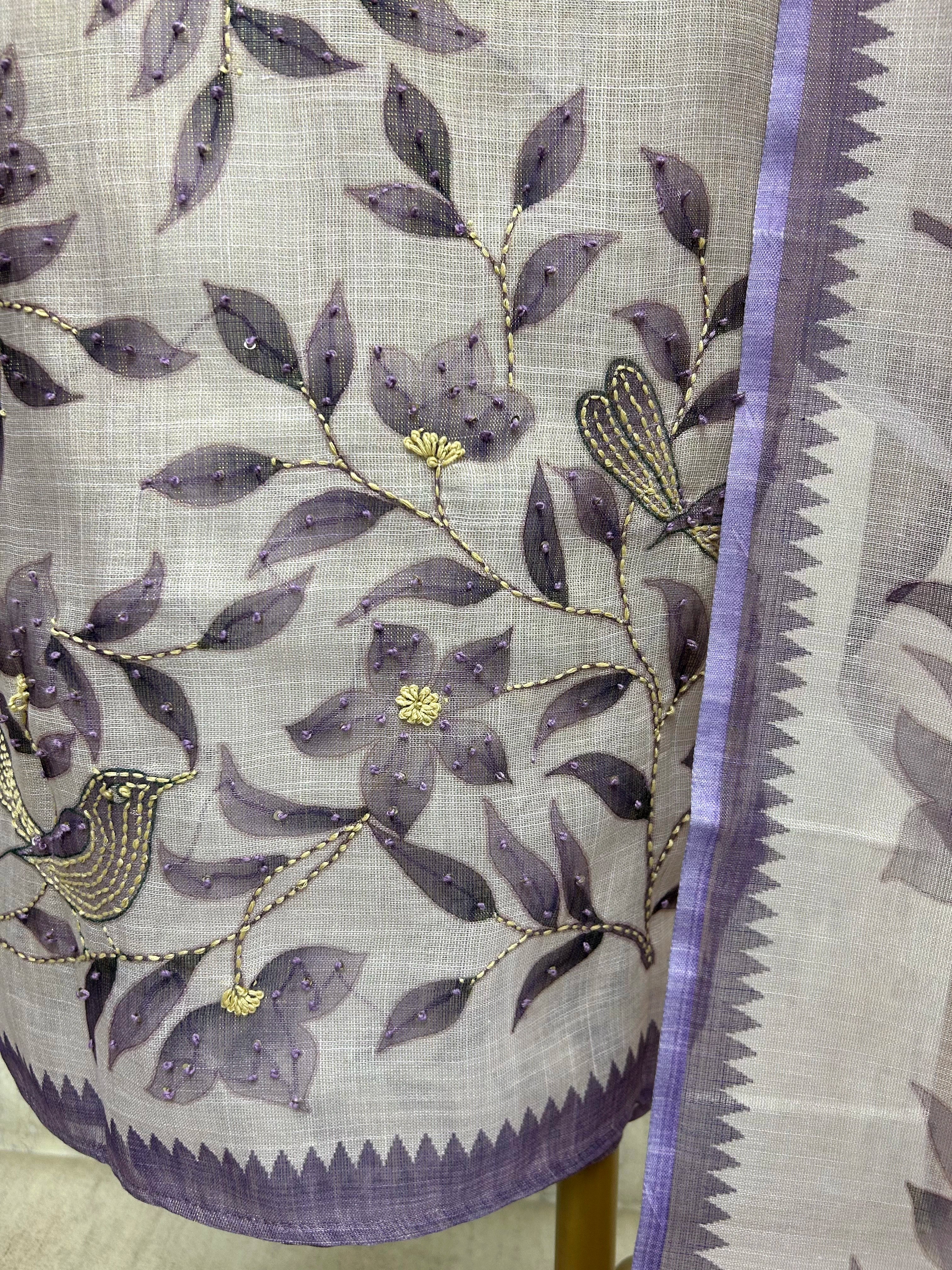 Linen Unstitched Suit Set With Leaf Motifs On Hemline