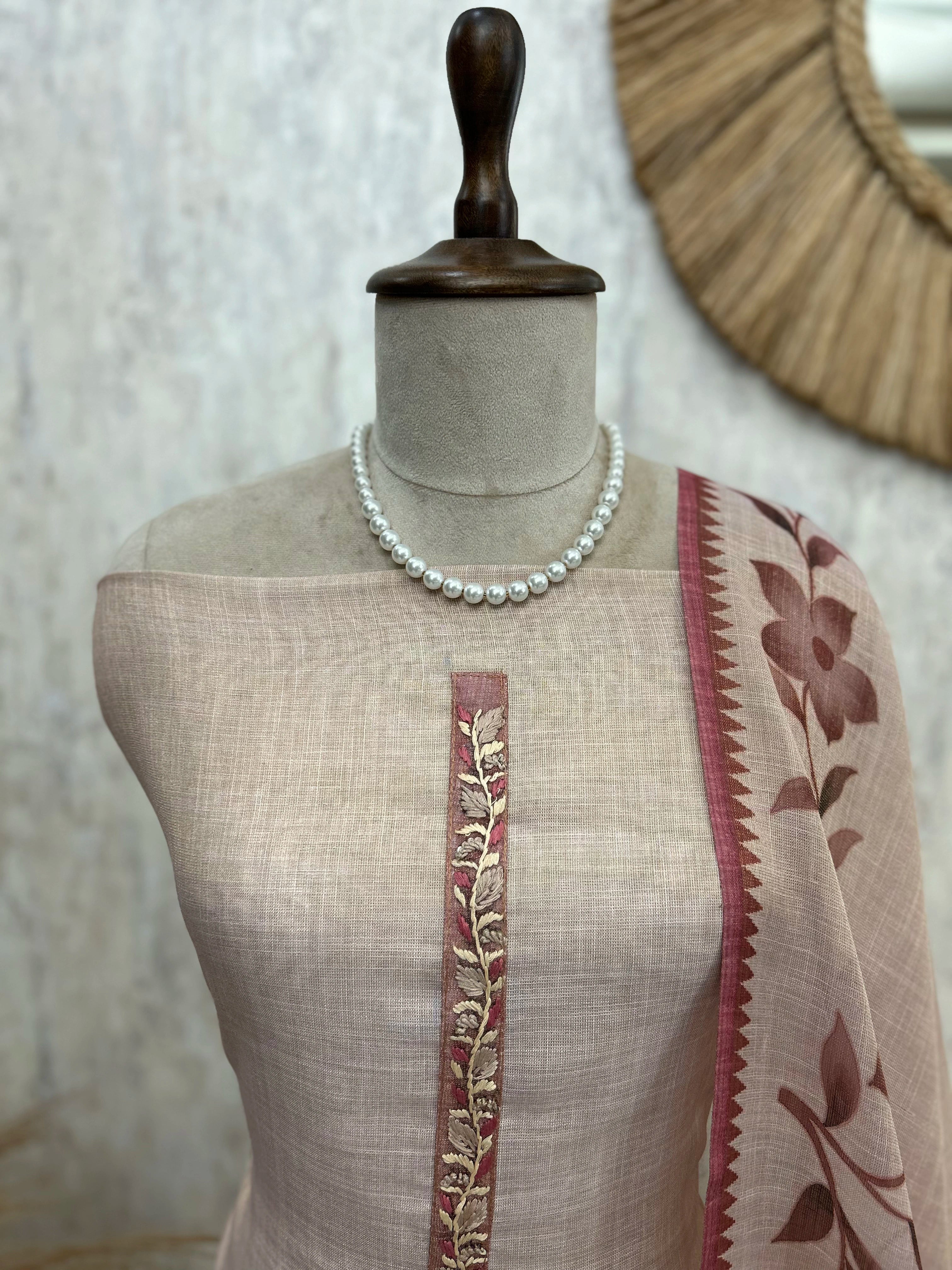 Linen Unstitched Suit Set With Leaf Motifs On Hemline