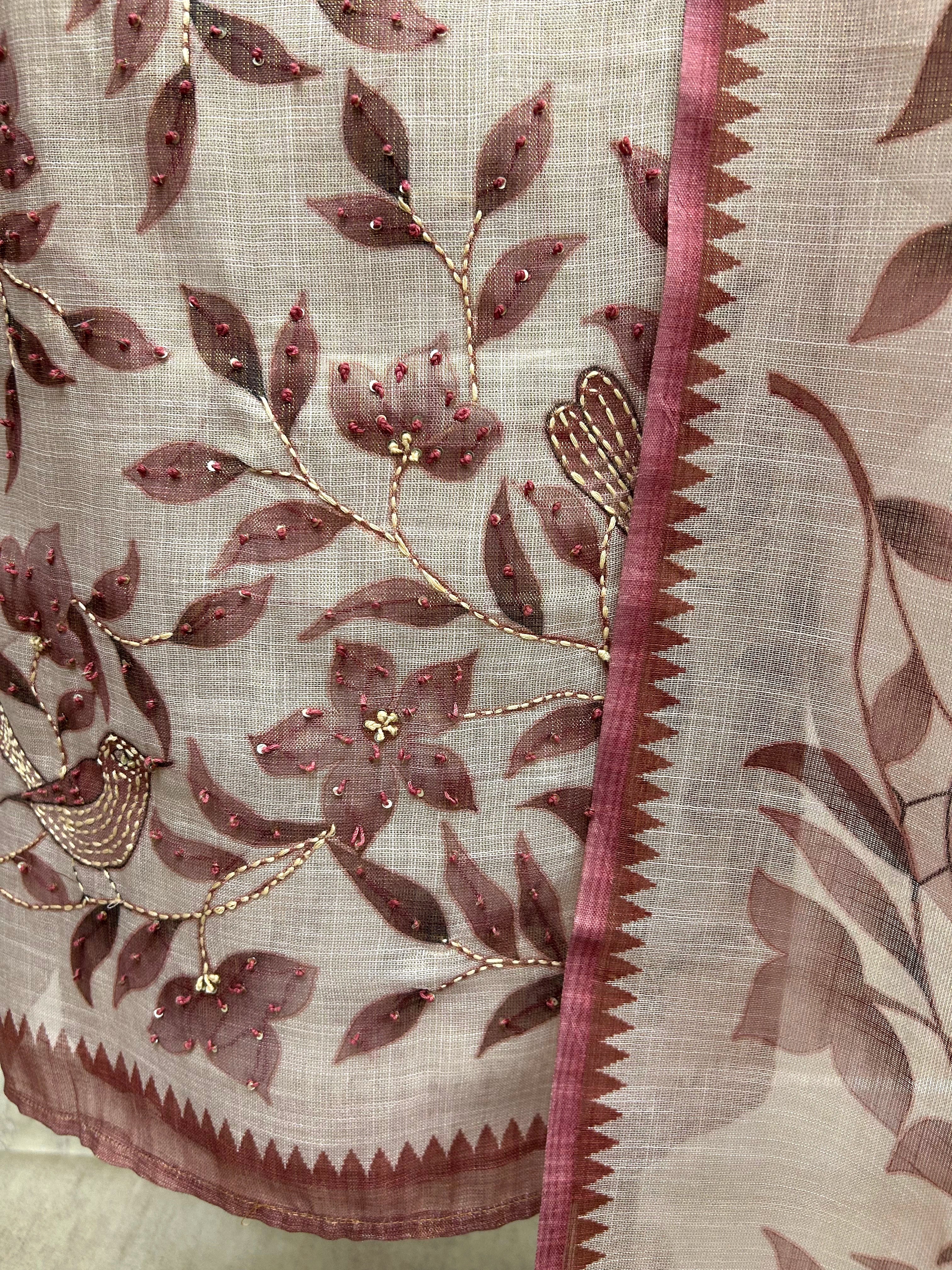 Linen Unstitched Suit Set With Leaf Motifs On Hemline