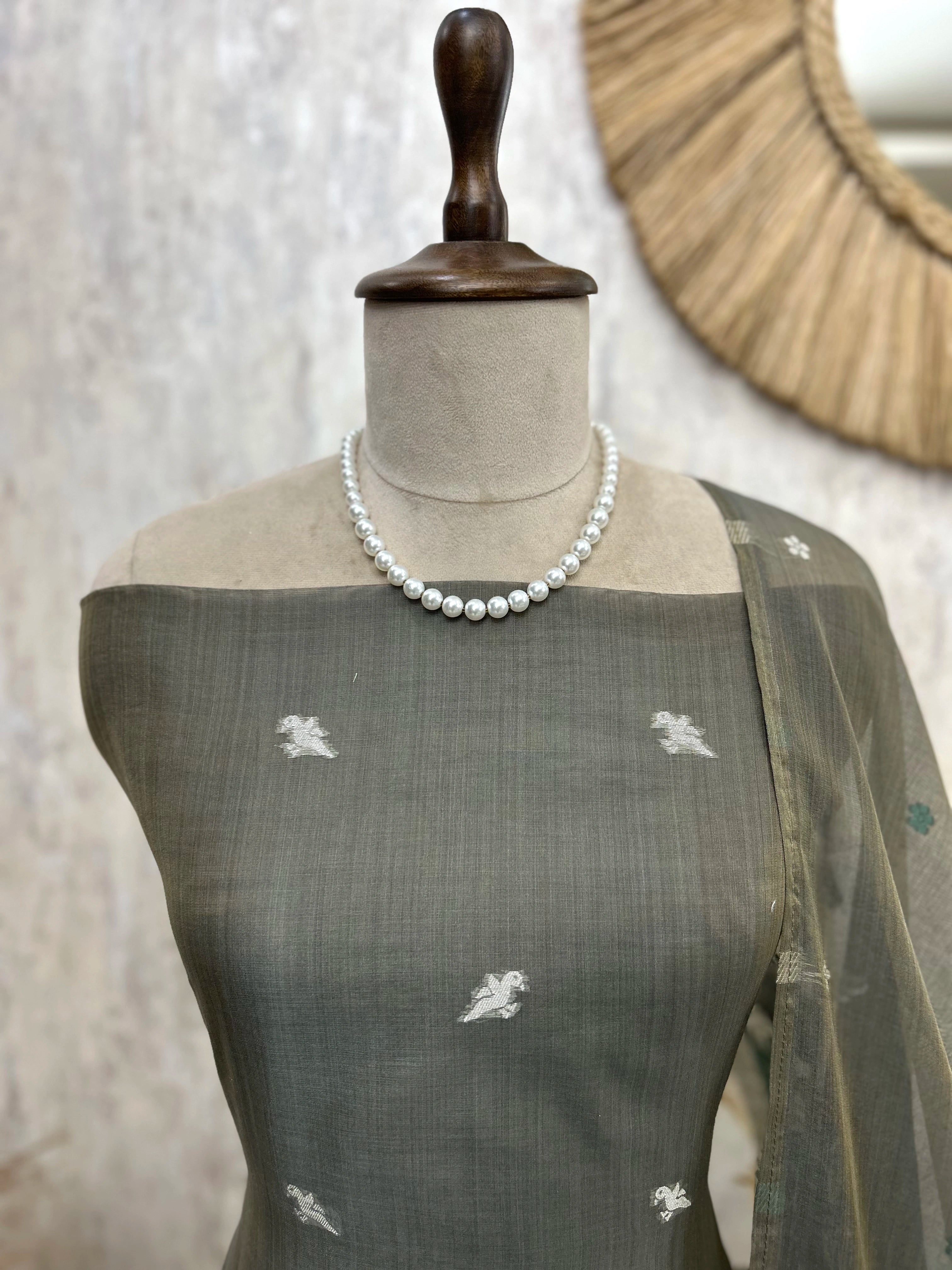 Linen Unstitched Suit Set With Flamingo Woven Motifs