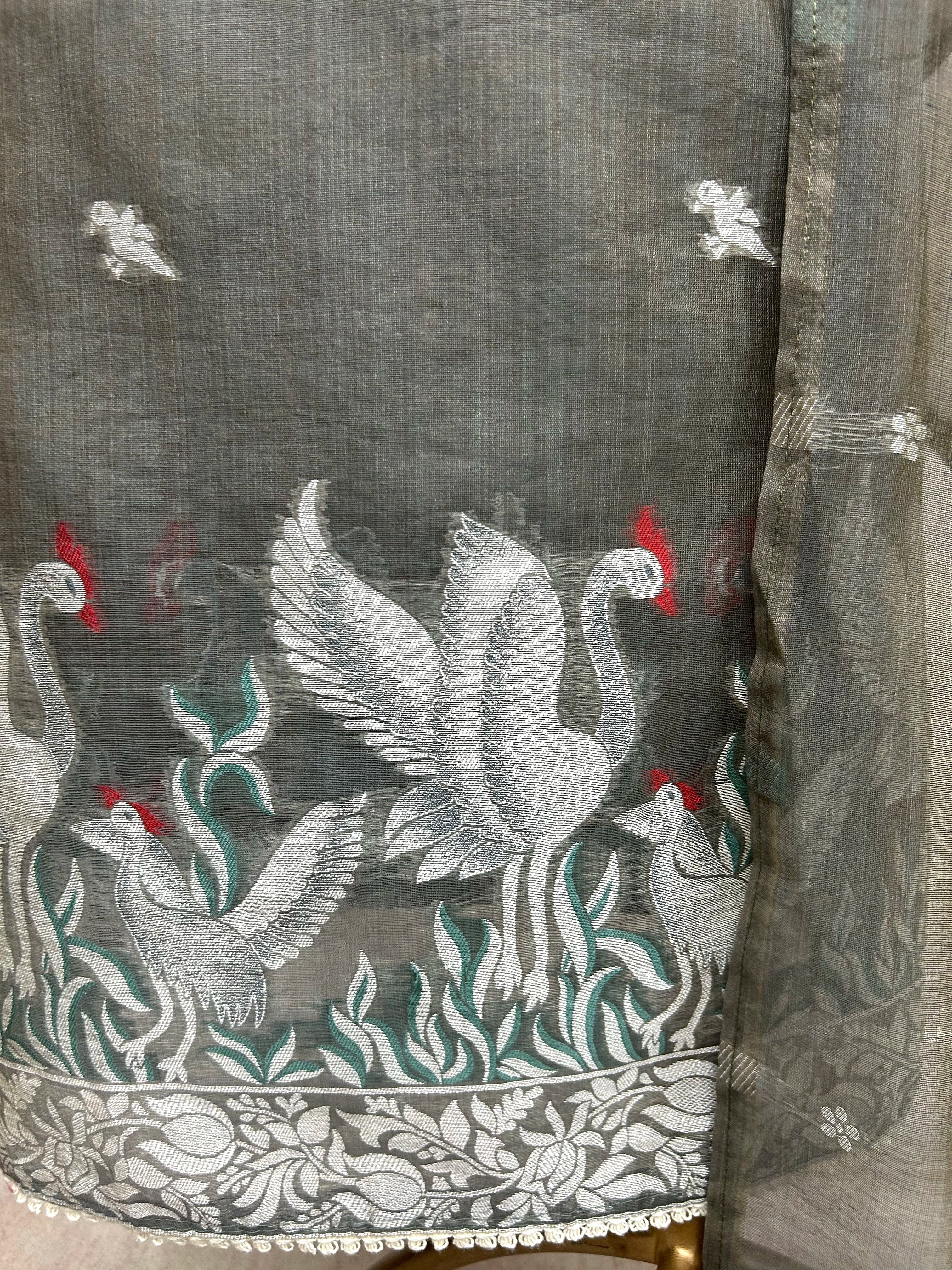 Linen Unstitched Suit Set With Flamingo Woven Motifs