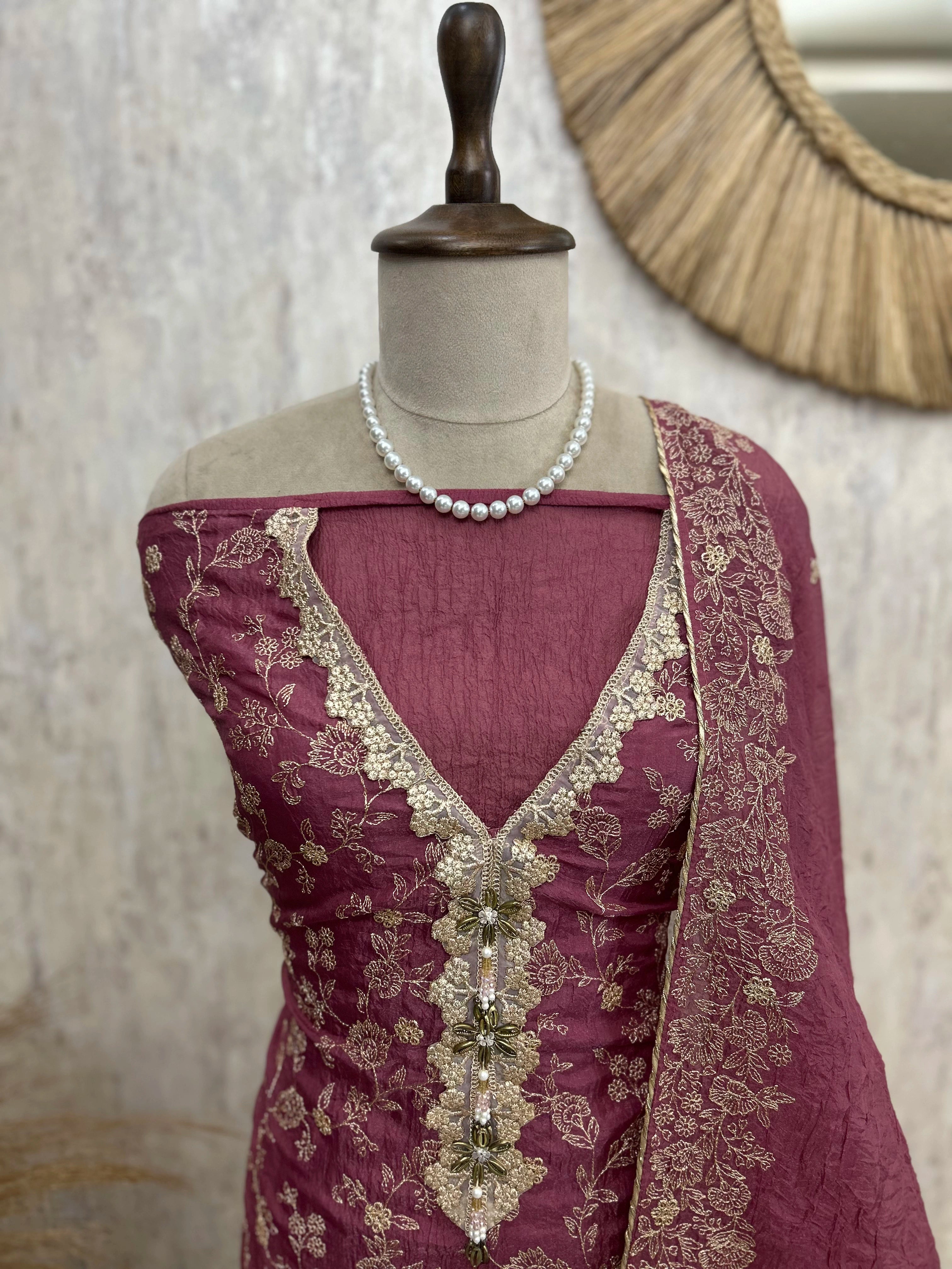 Crust Onex Unstitched Suit Set With Thread Embroidery